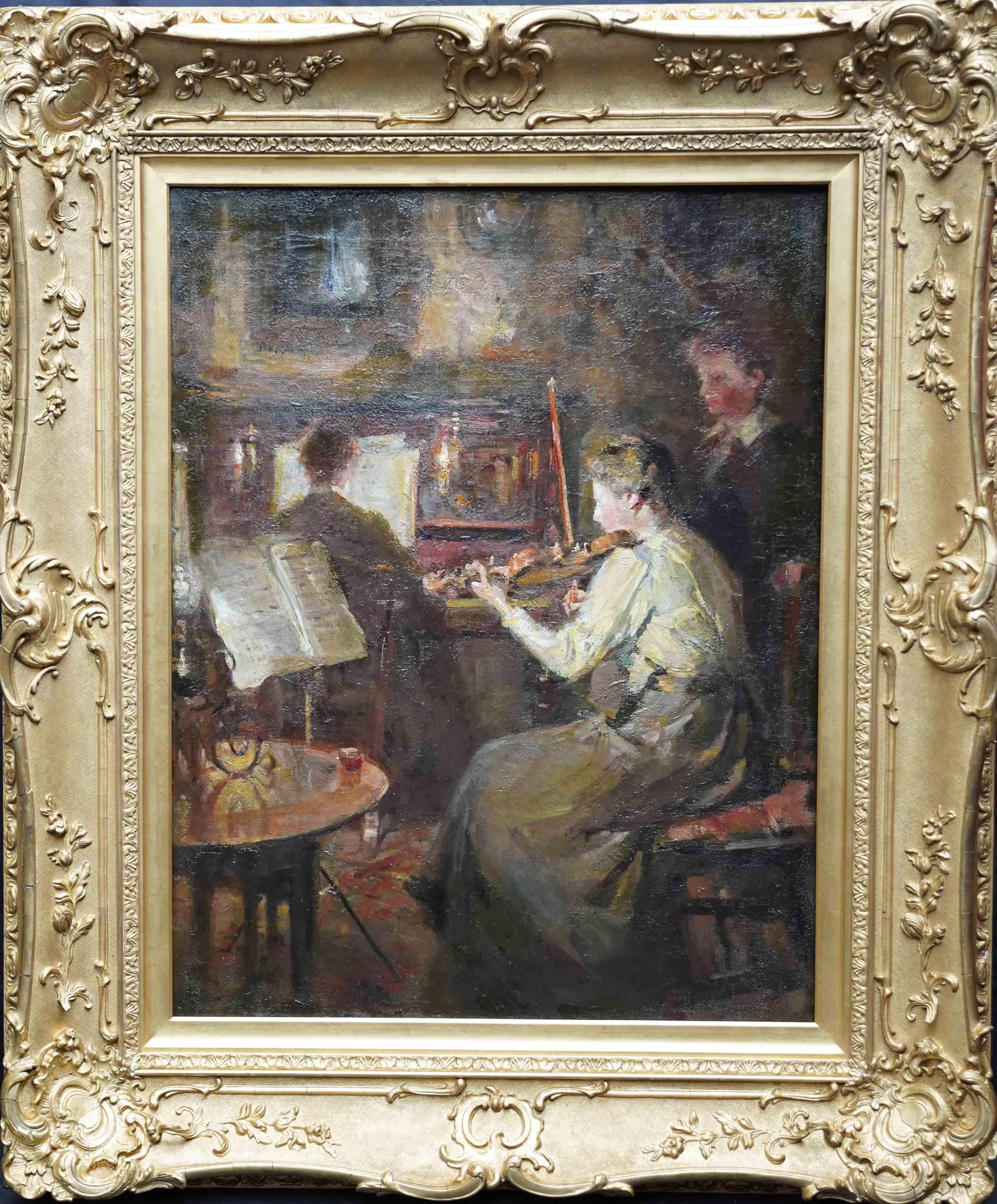 William Christian Symons Figurative Painting - Violinist in an Interior - British Impressionist 19thC art musical oil painting