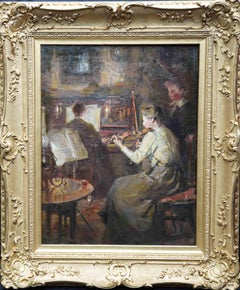 Antique Violinist in an Interior - British Impressionist 19thC art musical oil painting