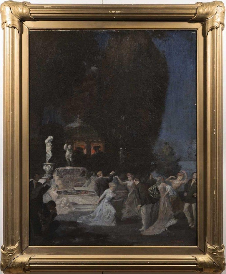 William Clarke Rice, Jr. Figurative Painting - Antique American Impressionist Roaring 20's Elegant Nocturnal Party Oil Painting