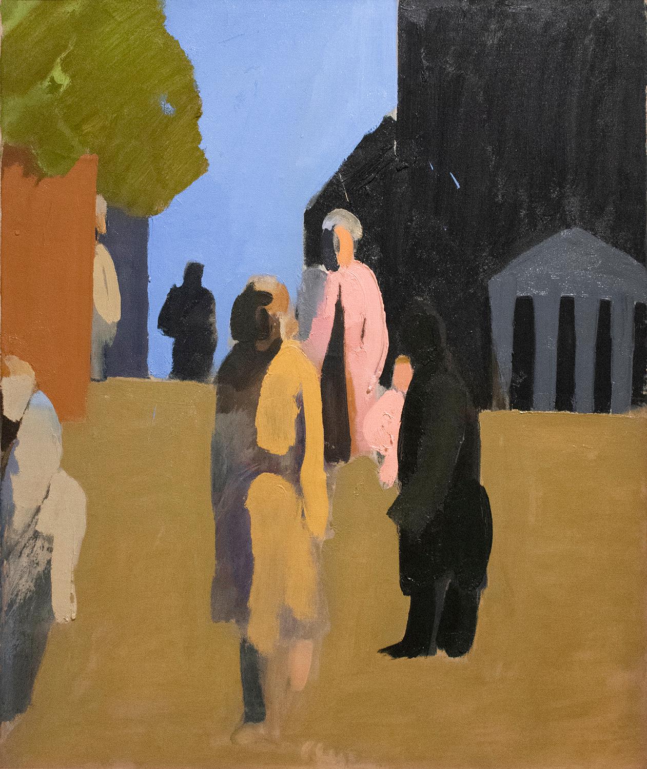 William Clutz Abstract Painting - Tompkins Square (Abstract Figurative Urban Landscape Painting of New York City)