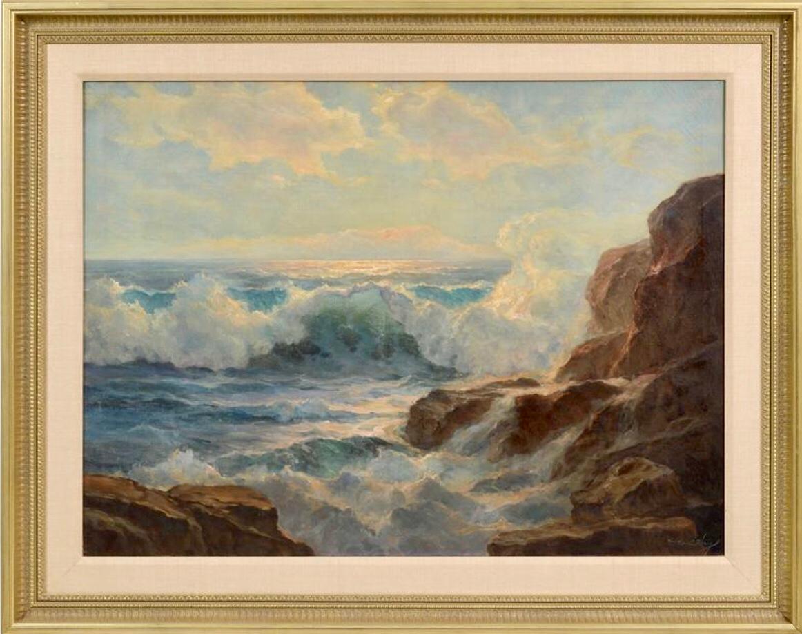 Oil on canvas painting by the American artist, William Columbus Ehrig.
Signed lower right. Canvas size 28 by 38 inches. Overall 37 by 47 inches.  Good condition.

William C. Ehrig is known for his coastal marine seascape paintings, mainly done in