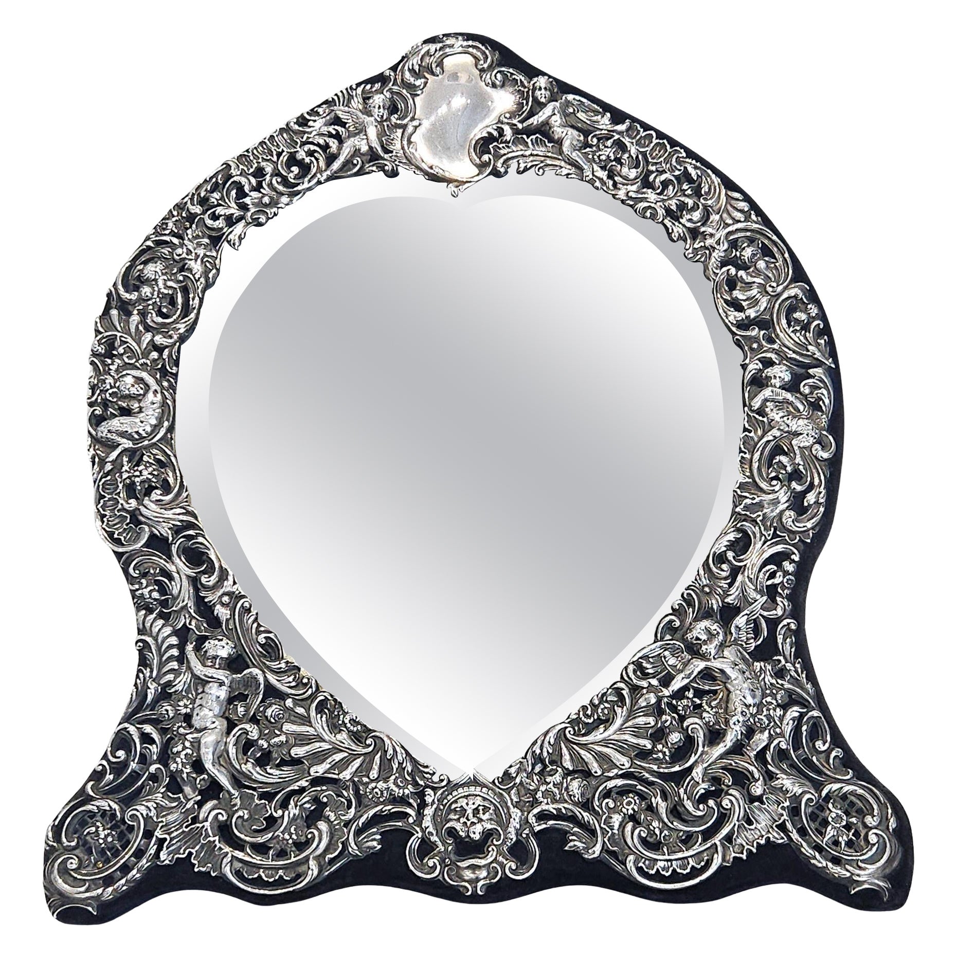 Grand miroir de coiffeuse en argent en forme de coeur, William Comyns, Londres 1895