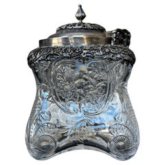 Antique William Comyns & Sons Intaglio Cut Glass & Silver Biscuit Jar 1900, London