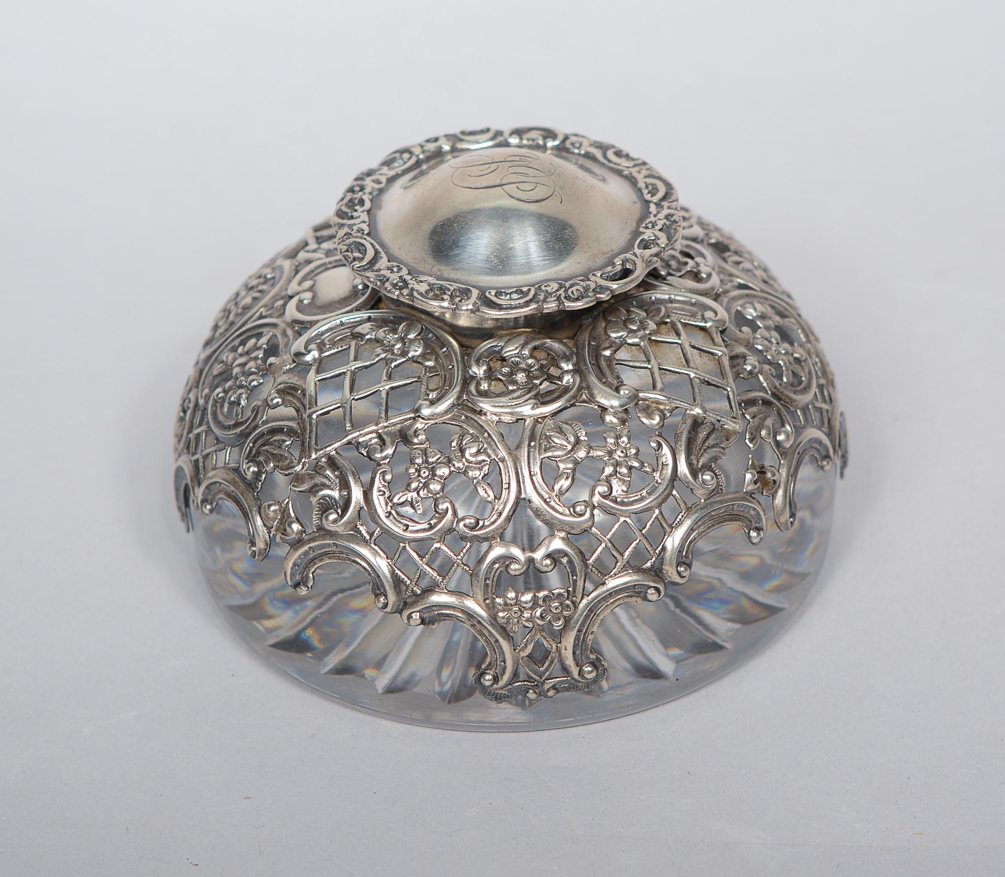 Late Victorian William Comyns Victorian Repousse Sterling Silver and Crystal Inkwell 1895 For Sale