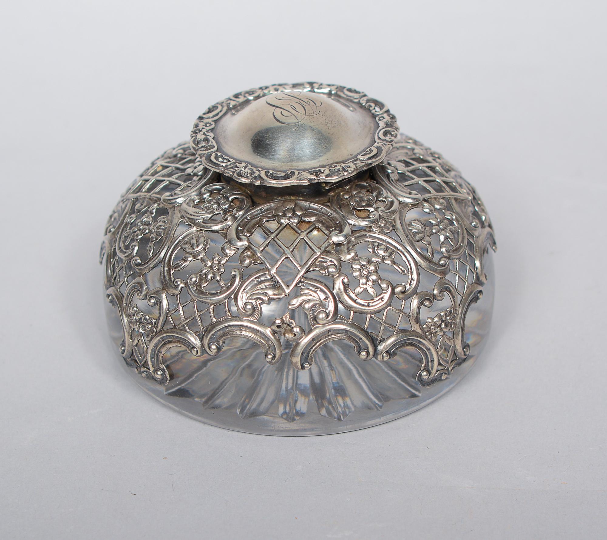 English William Comyns Victorian Repousse Sterling Silver and Crystal Inkwell 1895 For Sale