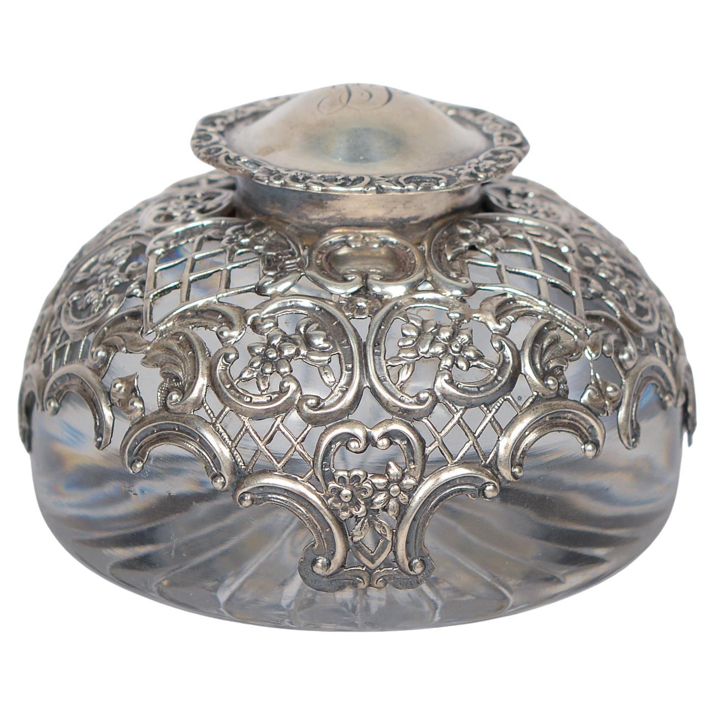 William Comyns Victorian Repousse Sterling Silver and Crystal Inkwell 1895