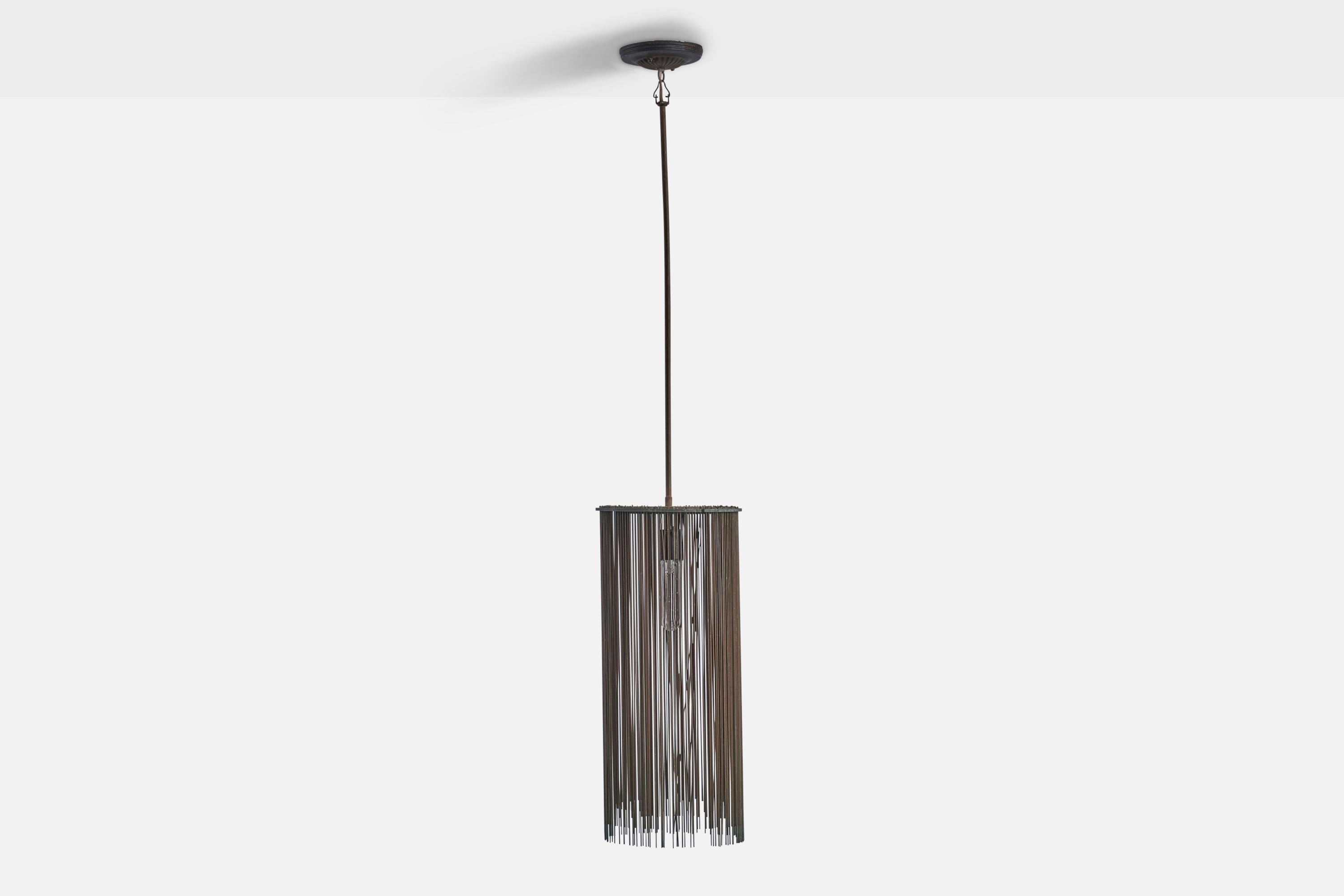 A patinated copper and bronze pendant light designed and produced by William Connell for Lesta Bertoia, daughter of Harry Bertoia, USA, c. 1985.
Overall Dimensions (inches): 48” H x 8.85” Diameter
Bulb Specifications: E-26 Bulb
Number of Sockets: