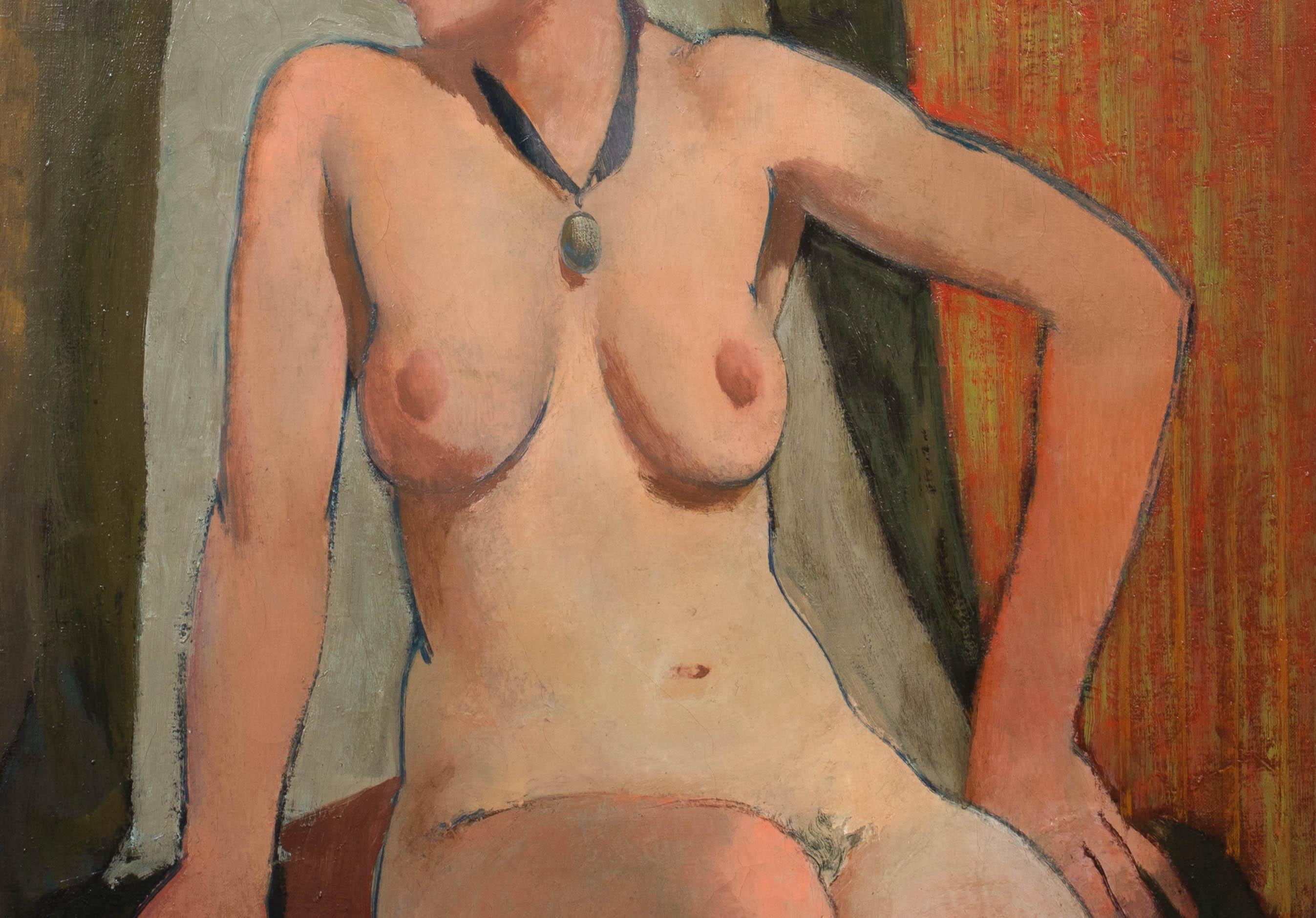 NUDE WITH NECKLACE, circa 1940

by WILLIAM CROSBIE (1915-1999)

Large circa 1940 portrait of a nude wearing a necklace, oil on canvas by William Crosbie. Early and important nude study whilst painting in Paris inspired by Modigliani by the prolific