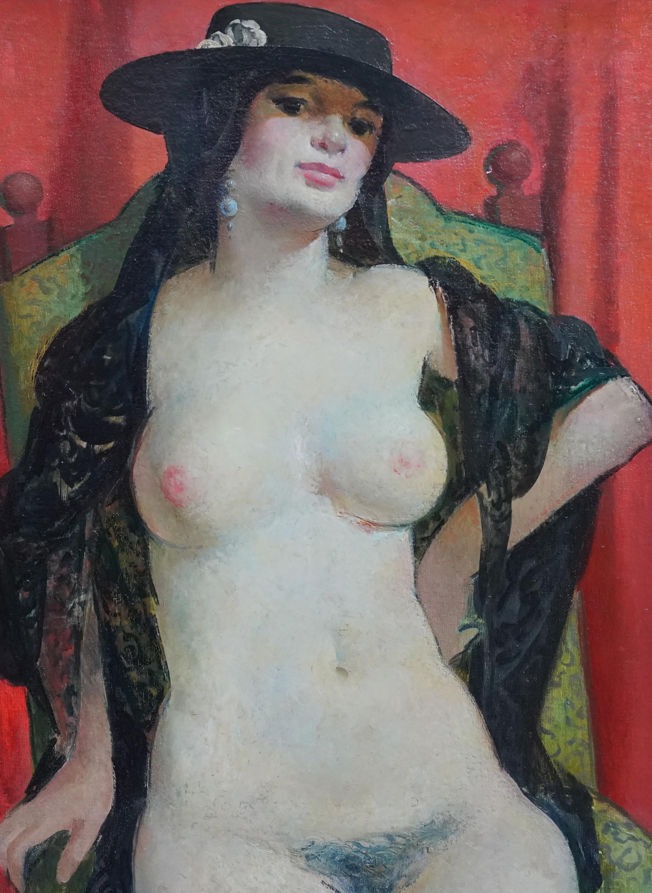 This striking nude portrait oil painting is by noted Scottish artist William Crosbie. It is entitled Guapa verso, Spanish for a beautiful woman. Painted in 1981, she is wearing a black Gaucho hat with a black lacy shawl draped over her shoulders.