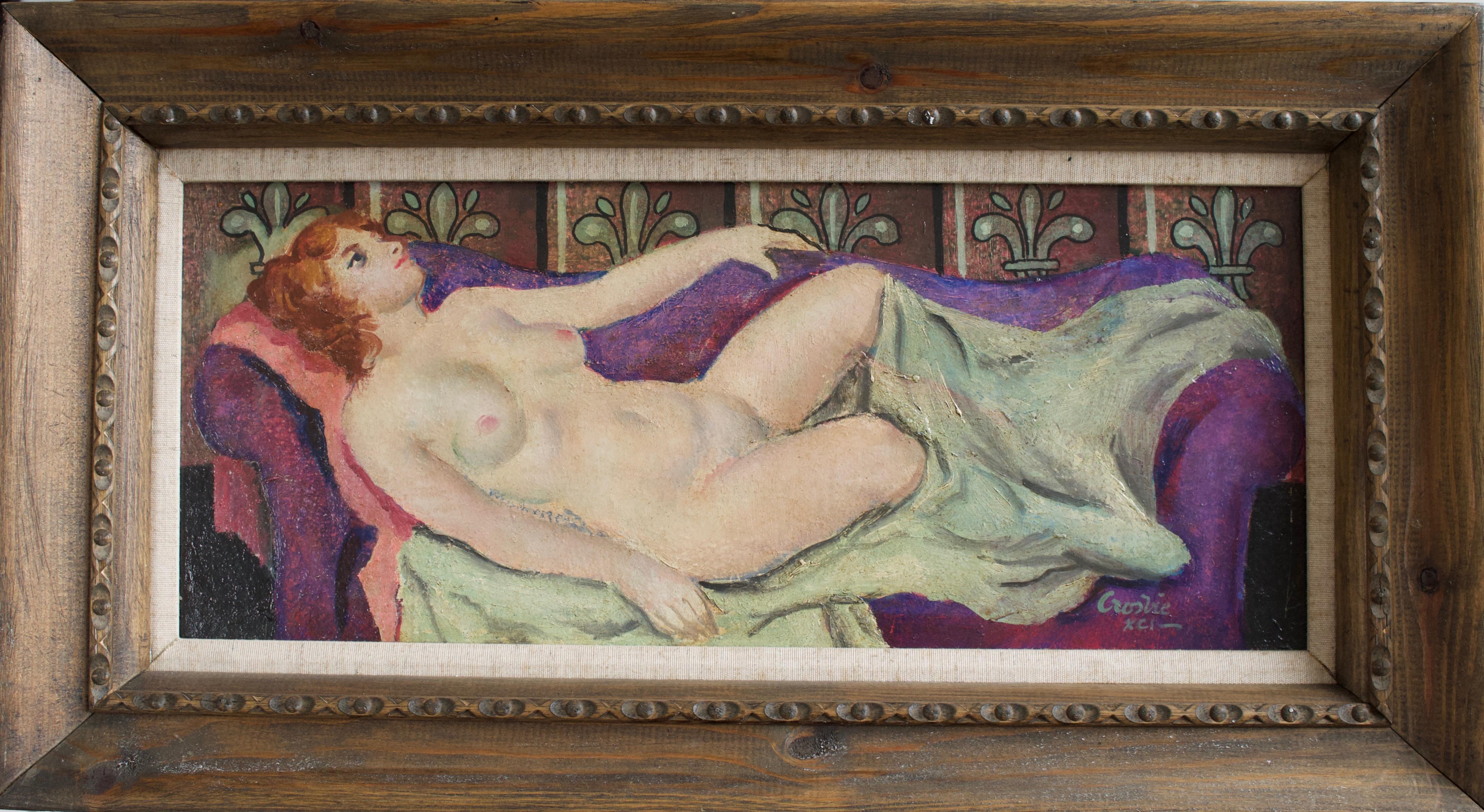 A very stylish image of a reclining nude in an elegant interior. Beautiful palette.

William Crosbie (1915-1999)
Reclining nude
Signed and dated "XCI" (91)
Oil on board
8½ x 20 inches without frame
13½ x 25 inches with frame.

Painter, draughtsman