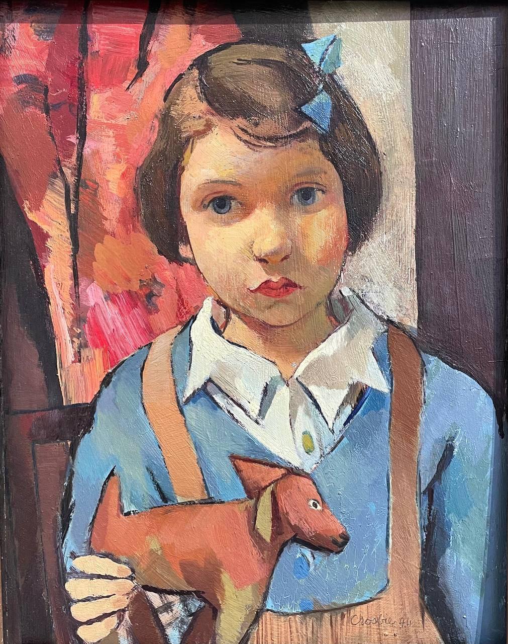 Mädchen mit Spielzeughund – Painting von William Crossbie