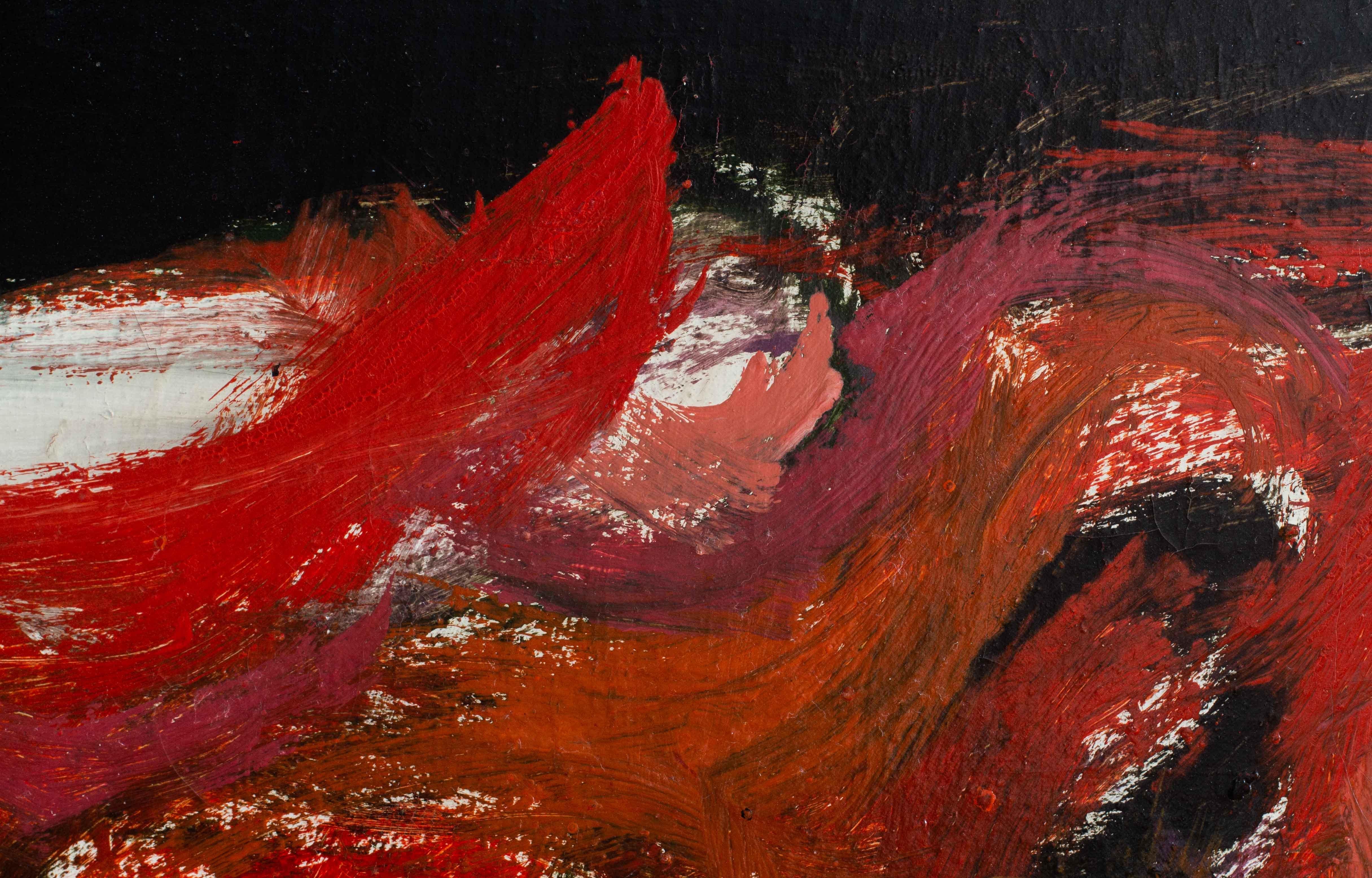 Un astratto rosso fuoco dell'artista britannico William Crozier 'Red Hills' olio su tela 8