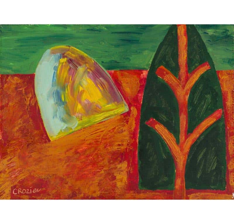 Landscape (Hay Rick and Tree), Acrylic on Canvas-Board Painting, 2000-2005 circa