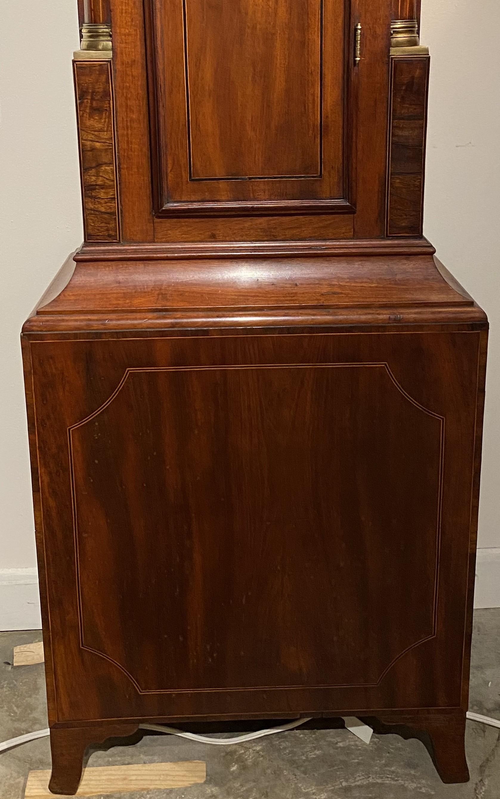 Hand-Carved William Cummens Federal Mahogany Tall Clock with Moon Phase Dial circa 1820 For Sale