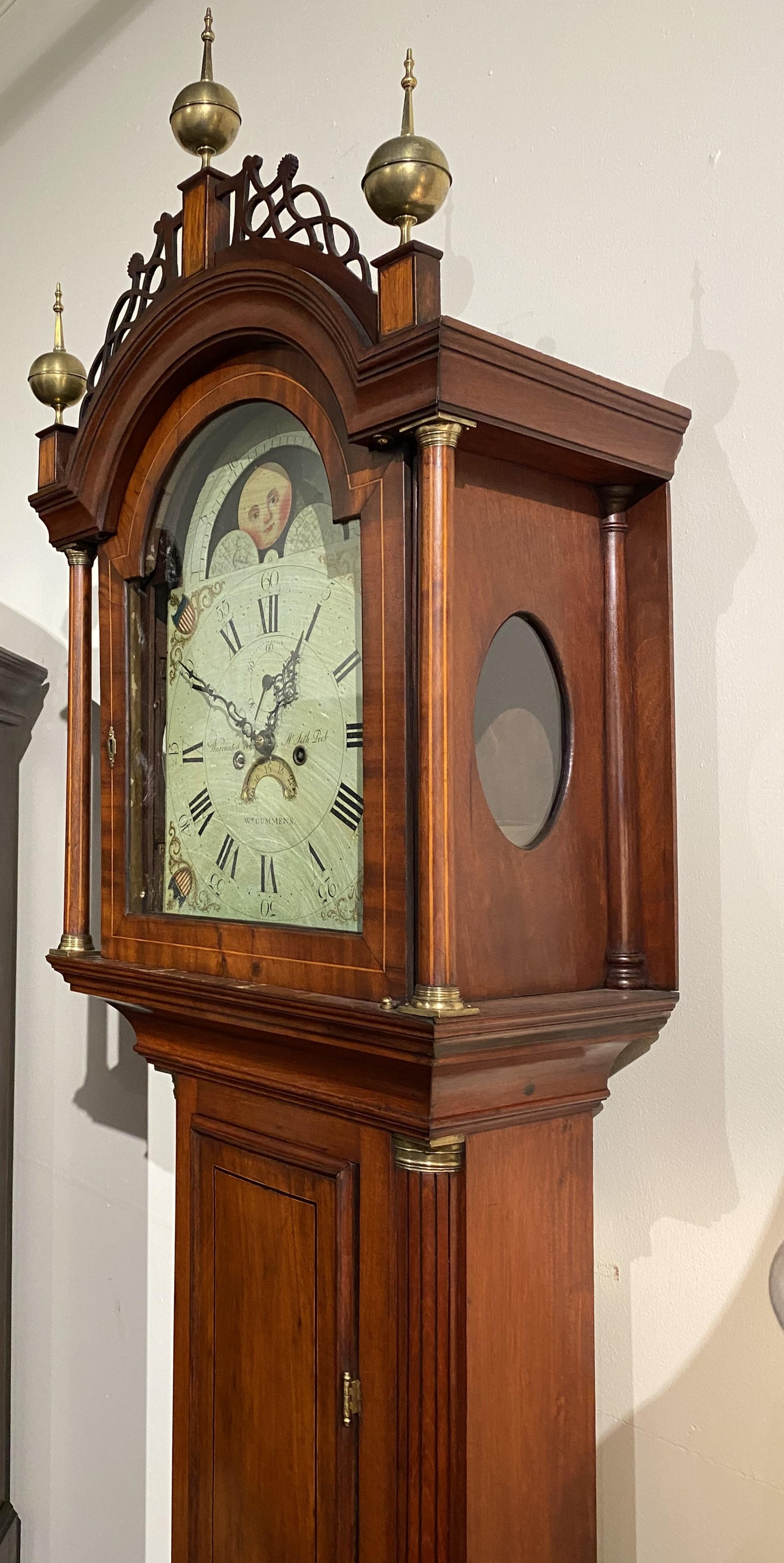 Early 19th Century William Cummens Federal Mahogany Tall Clock with Moon Phase Dial circa 1820 For Sale