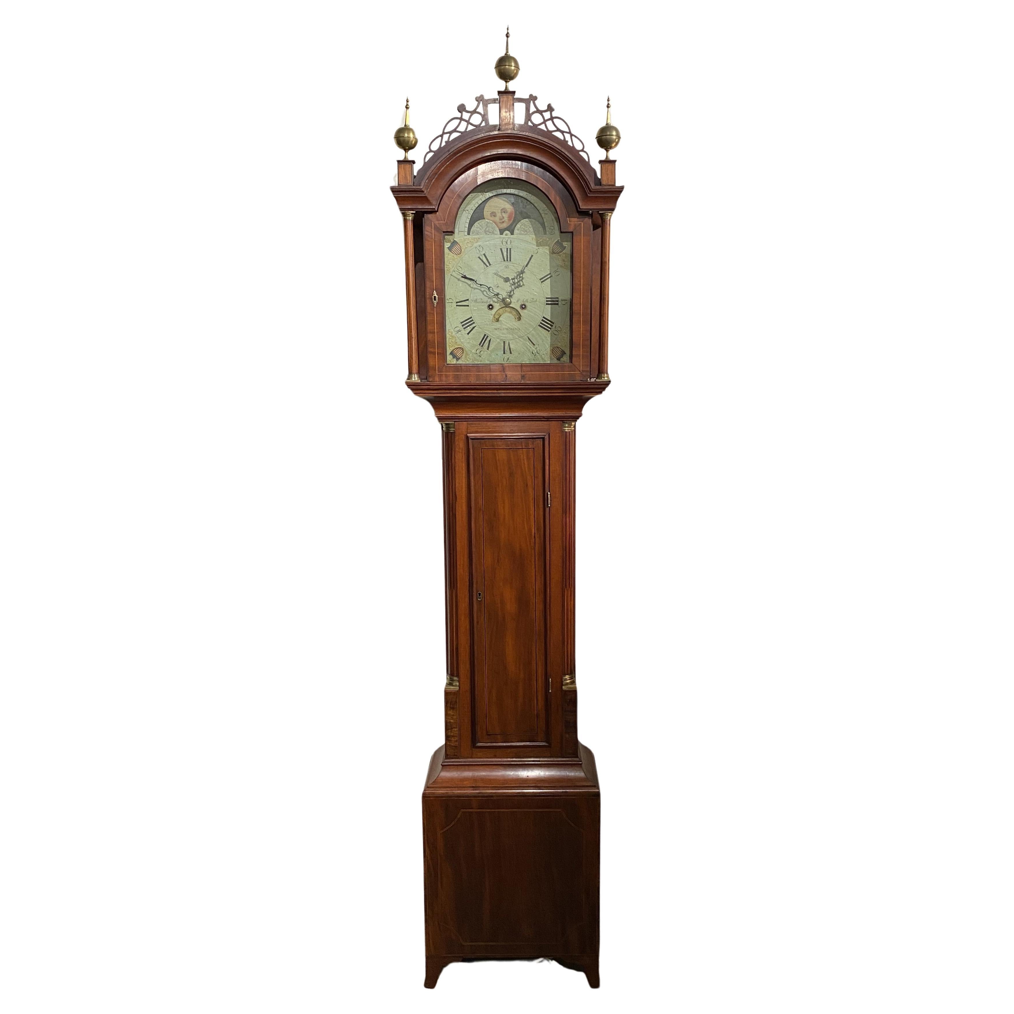 Horloge haute en acajou de William Williams Feder avec cadran à phase de lune vers 1820