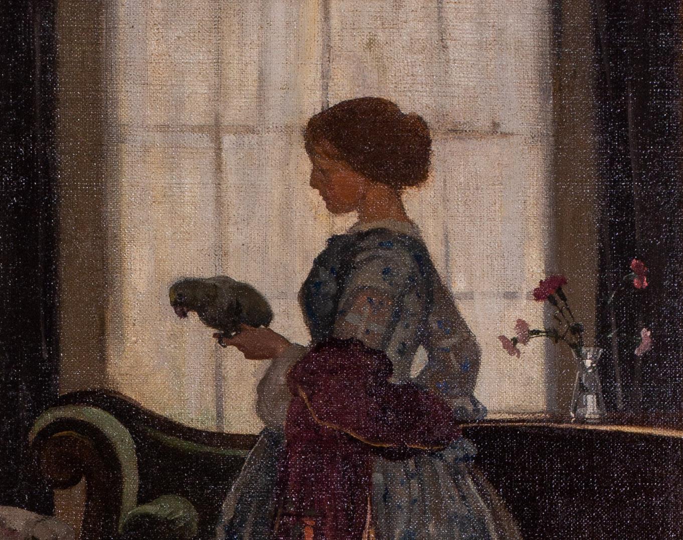 British, turn of the century oil painting of a lady holding a parrot - Painting by William Dacre Adams