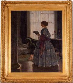 British, turn of the century oil painting of a lady holding a parrot