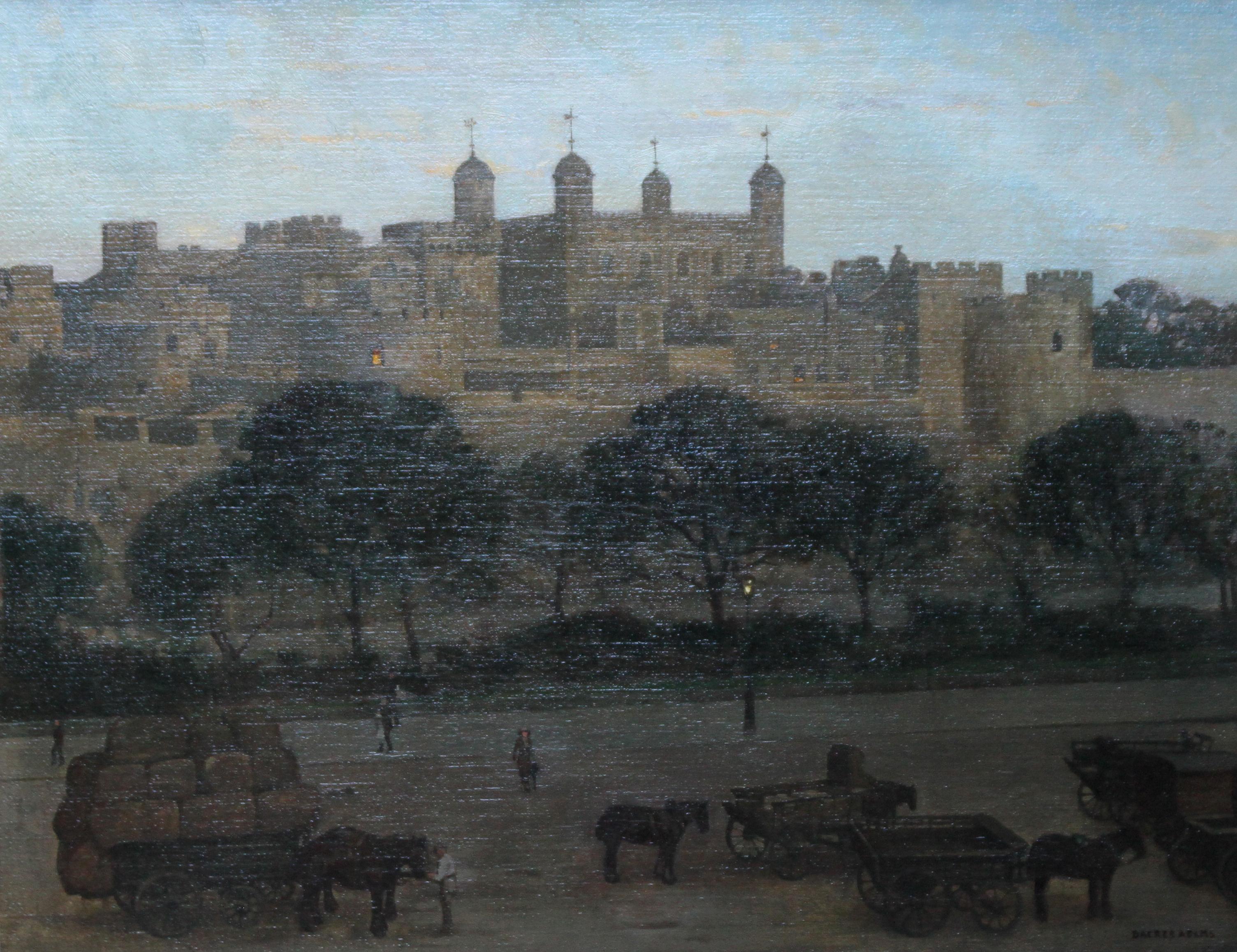 La Tour de Londres - Peinture à l'huile d'un paysage nocturne de la ville britannique des années 20 - Painting de William Dacres Adams