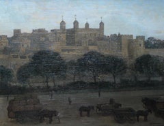 La Tour de Londres - Peinture à l'huile d'un paysage nocturne de la ville britannique des années 20