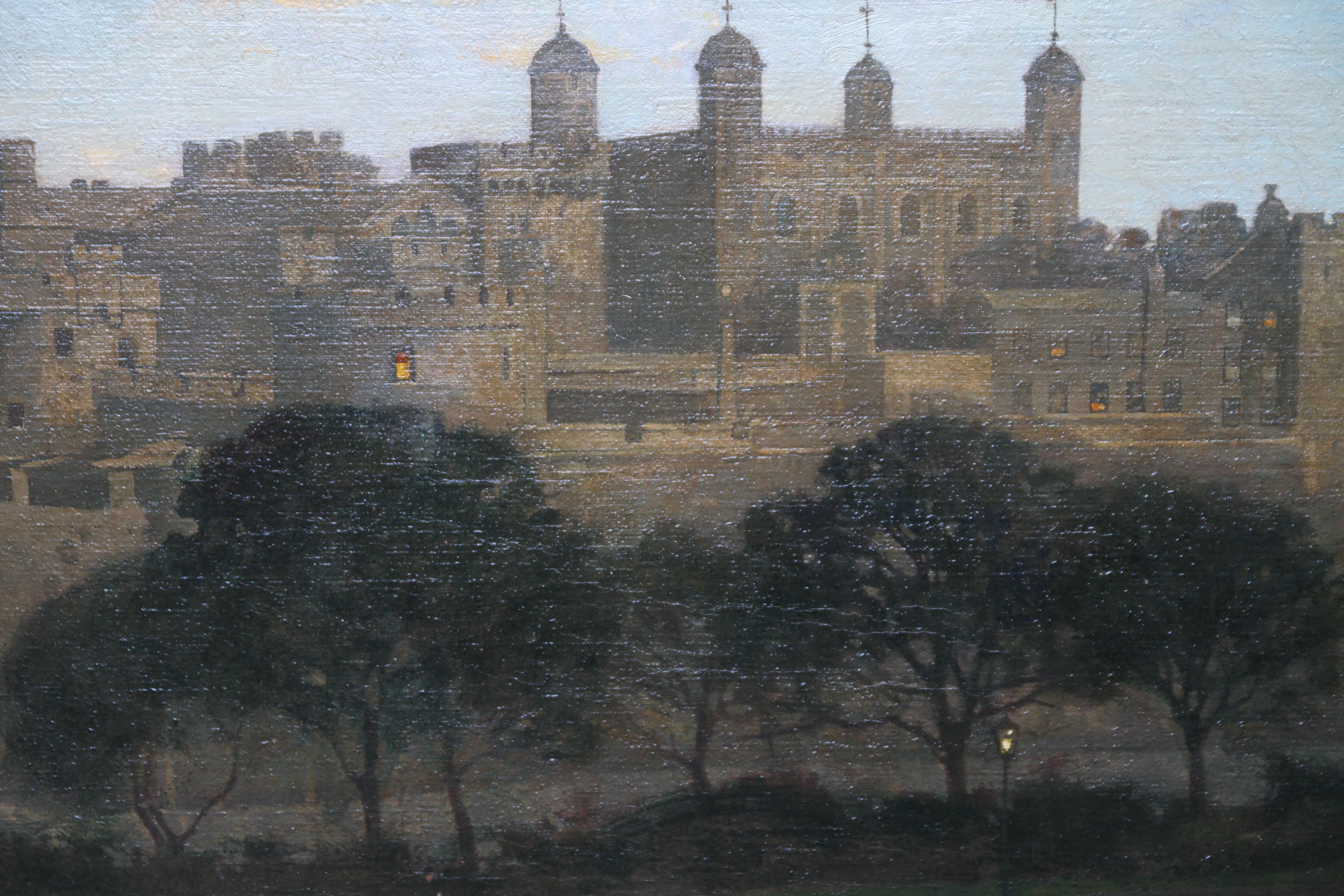 La Torre de Londres - Pintura al óleo paisaje urbano nocturno de arte británico de los años 20 - Landscape Painting Negro de William Dacres Adams