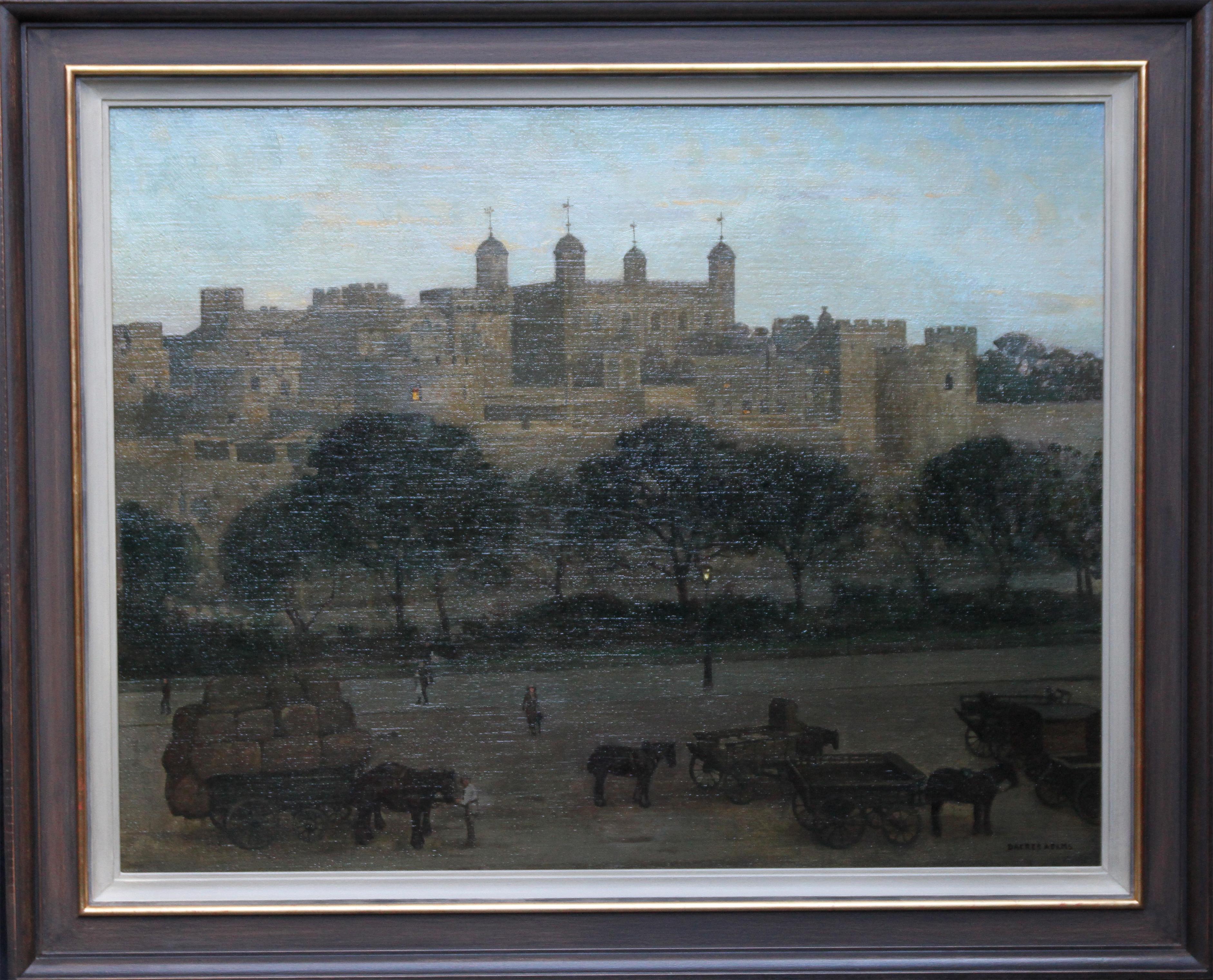 William Dacres Adams Landscape Painting - The Tower of London - British 20's art nocturne city landscape oil painting