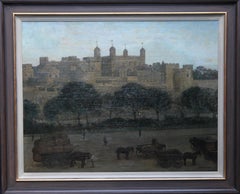 Vintage The Tower of London - British 20's art nocturne city landscape oil painting