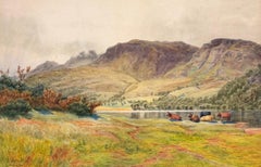 Scottish Highland Landscape with Cattle watering by Loch Watercolour Painting