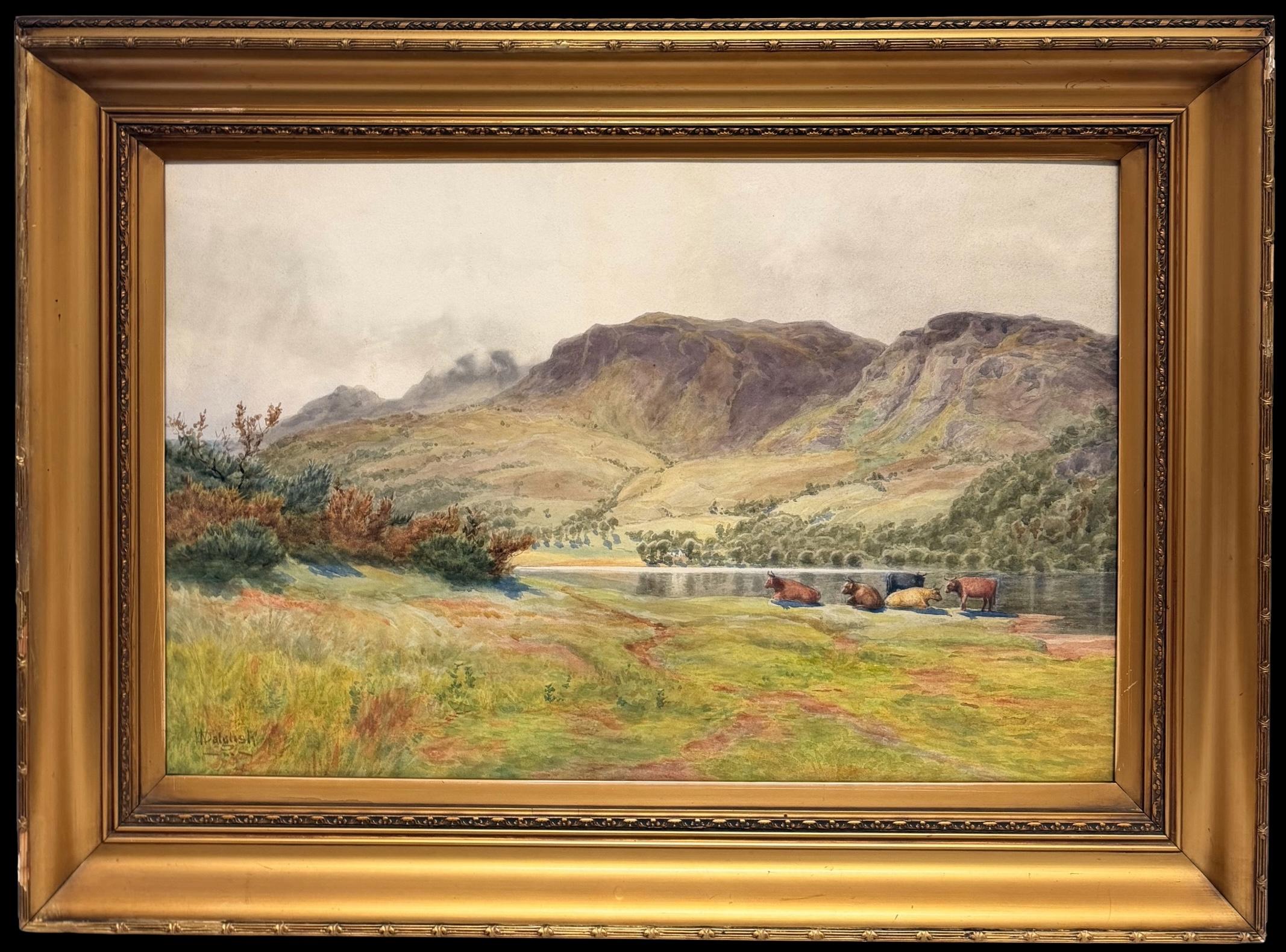 Scottish Highland Landscape with Cattle watering by Loch Watercolour Painting