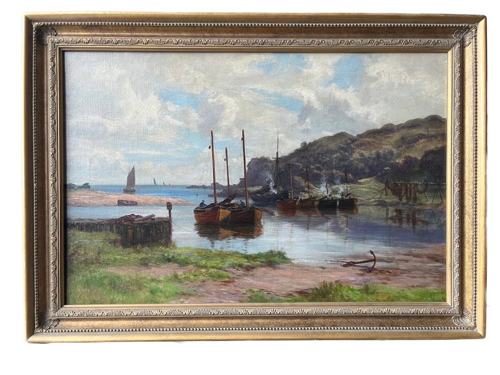 Victorian landscape painting of Scottish fishing boats moored in a bay - Painting by William Dalglish