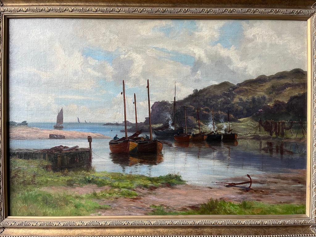 Victorian landscape painting of Scottish fishing boats moored in a bay For Sale 1