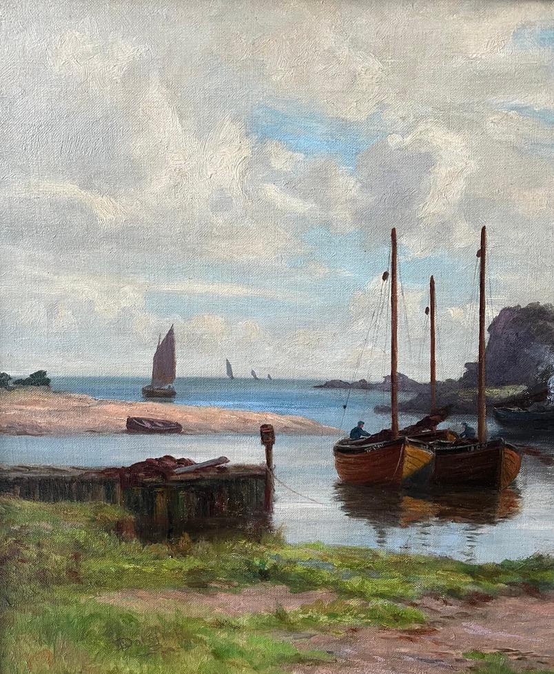 Victorian landscape painting of Scottish fishing boats moored in a bay For Sale 2