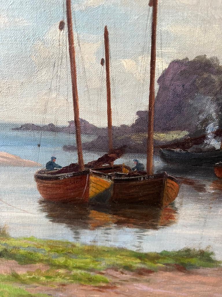 Victorian landscape painting of Scottish fishing boats moored in a bay For Sale 3