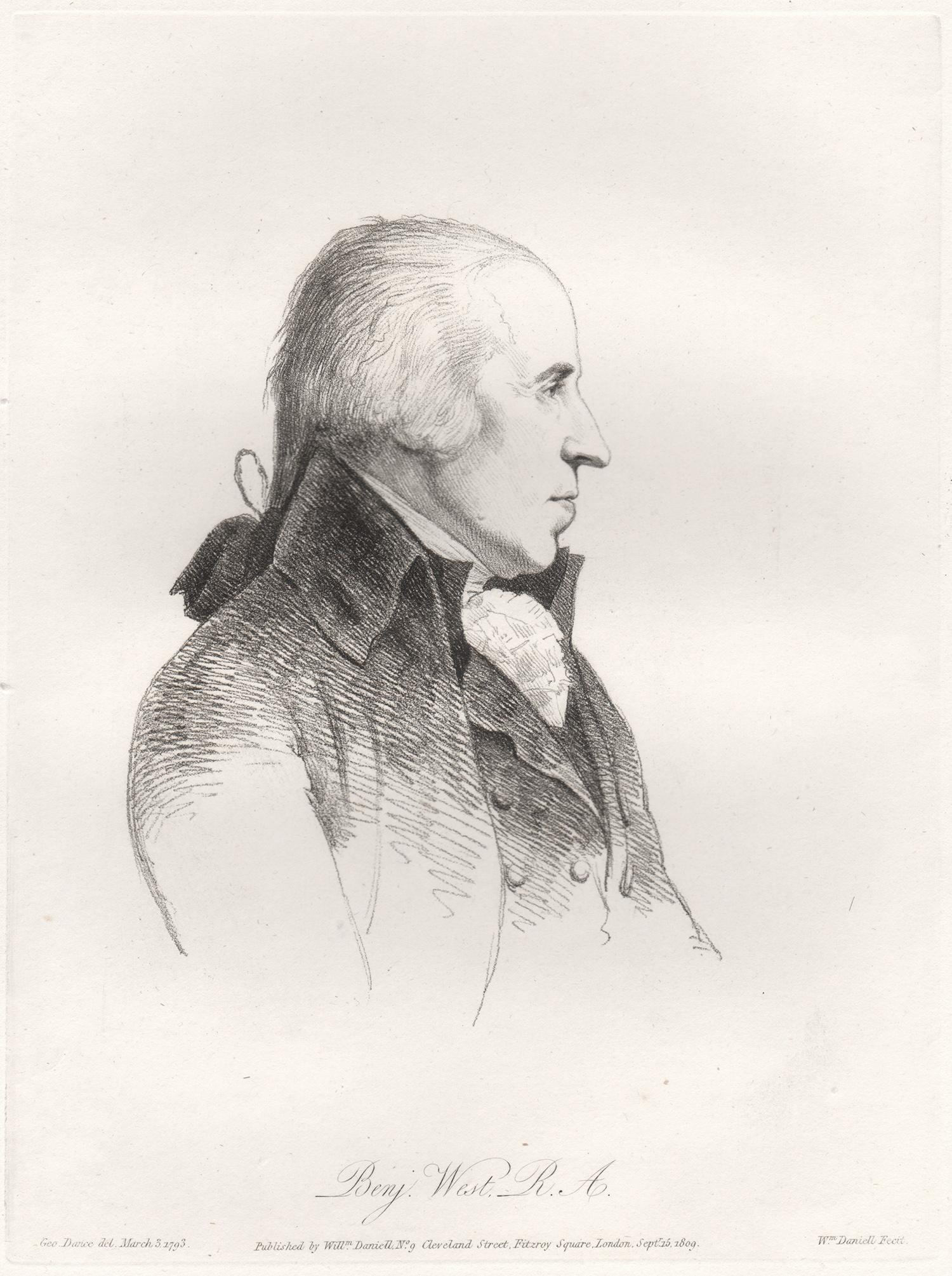 William Daniell after George Dance Portrait Print - Benjamin West, history painter, portrait, soft ground etching, 1809