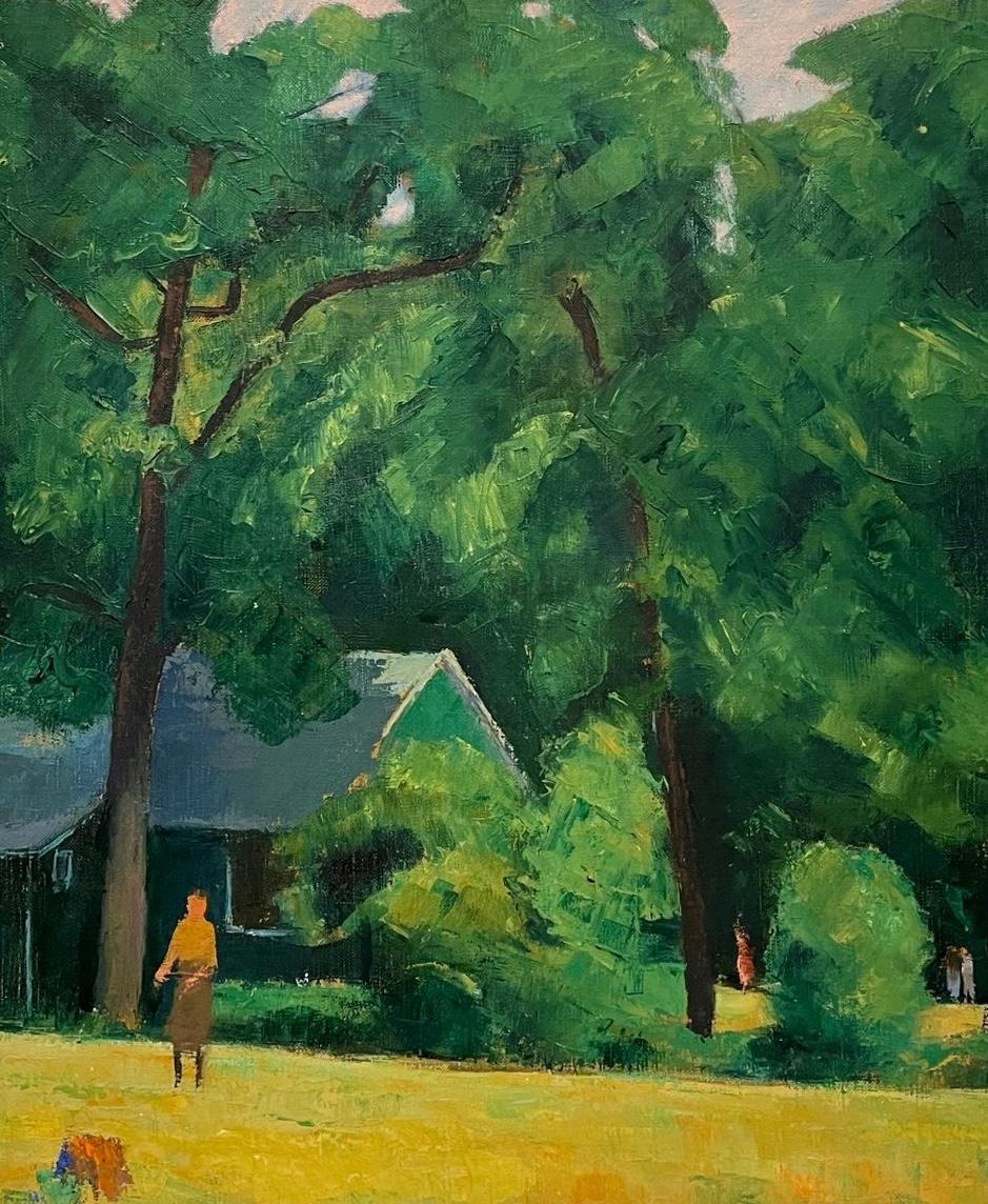 Peinture de paysage moderniste de 1936 avec des personnages, réalisée par l'important artiste de Chicago (William) Davenport Griffen.  Ses peintures sont rares.  Taille de l'image :  18