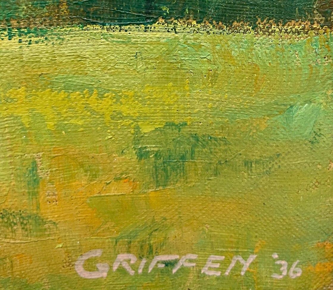 Peinture de paysage moderniste avec des personnages de l'artiste (William) Davenport Griffen.  Ses peintures sont rares.

(William) Davenport Griffen est né en 1894 à Millbrook, NY.  En 1918, il obtient une licence en génie civil à l'Iowa State
