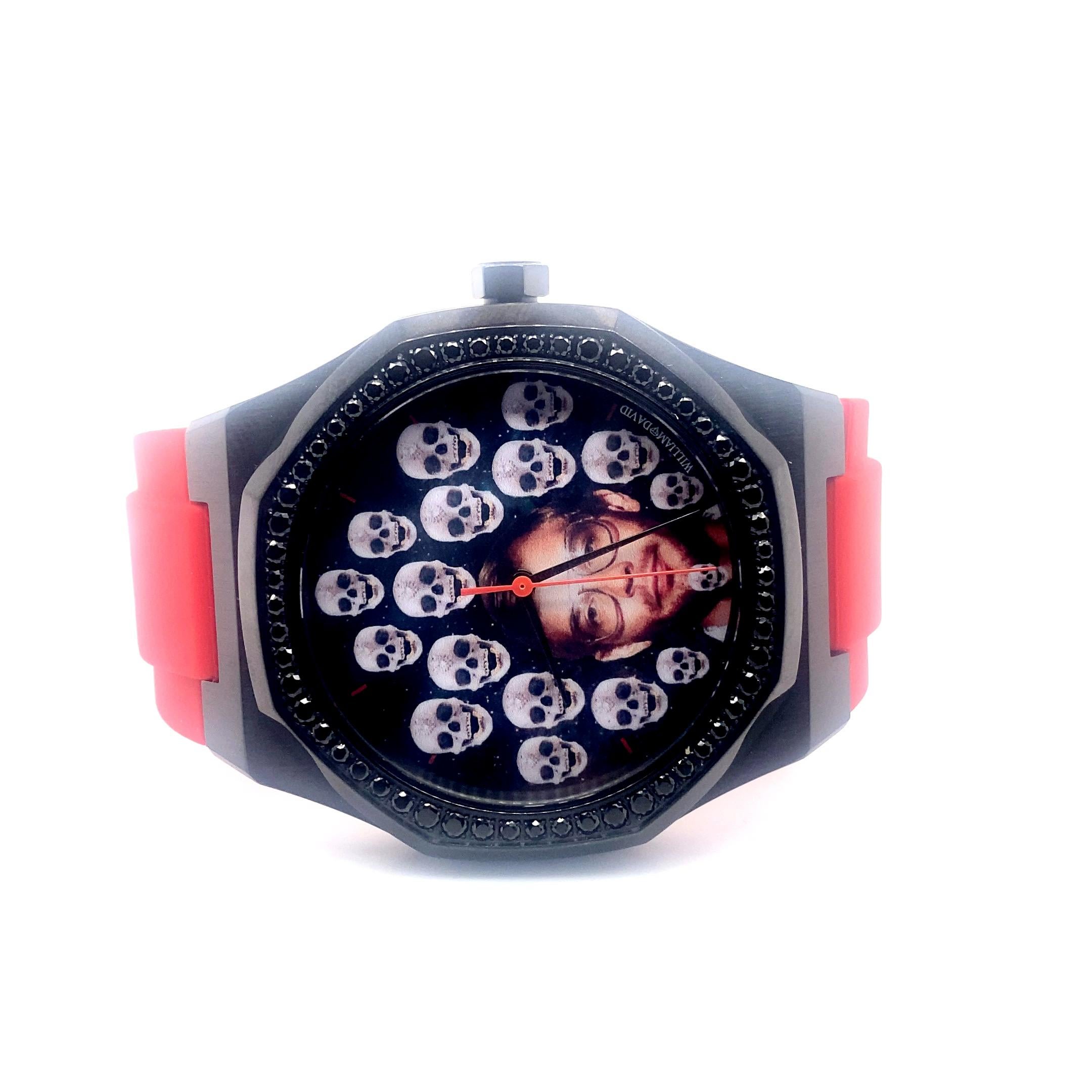 Artiste Montre en acier noir avec diamants de David David Serial Killer Jeffrey Dahmer en vente
