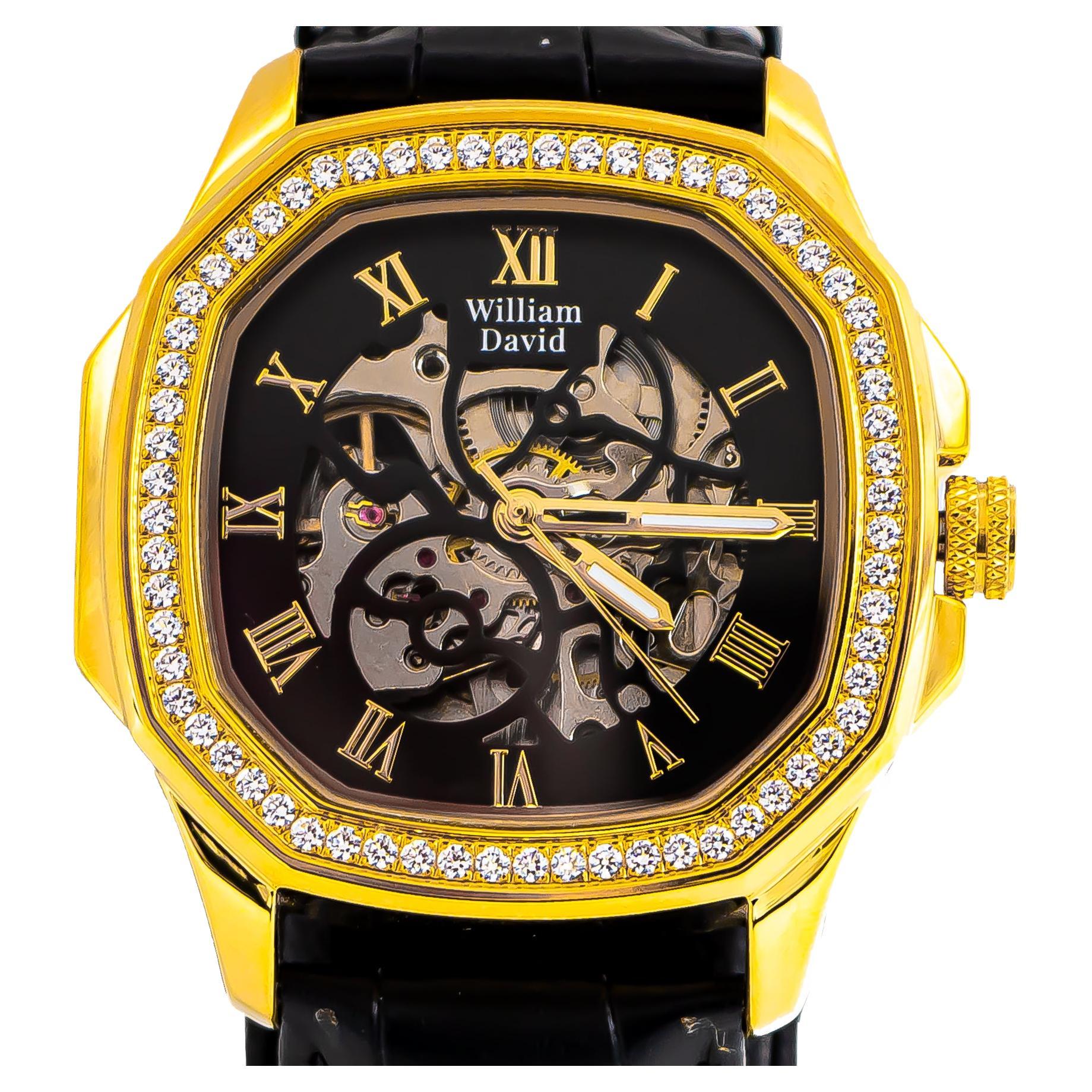 William David Watch Lab Diamonds Yellow Gold Color Alloy & Stainless Steel 42mm For Sale