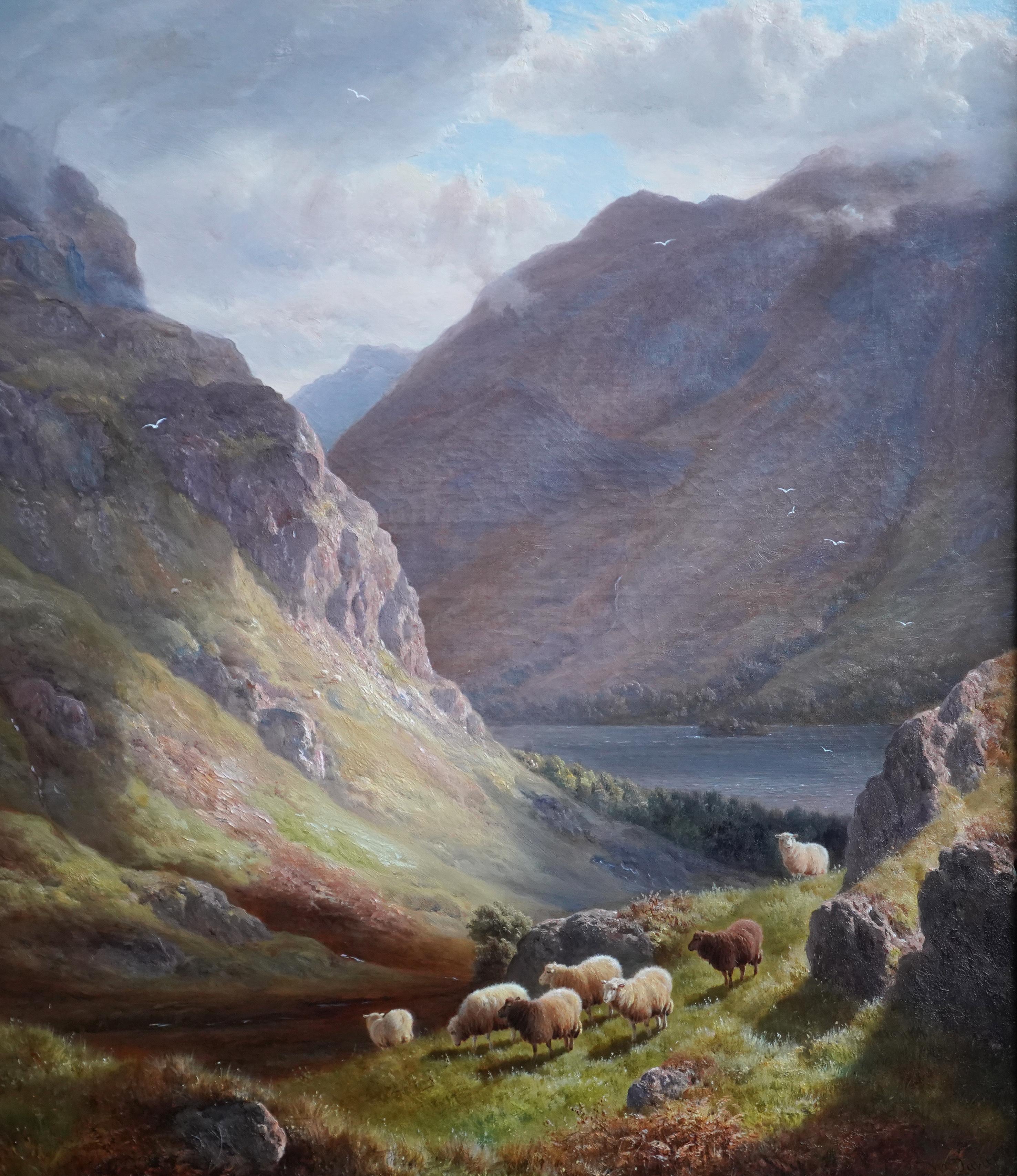 Derwent Water Lake District Landscape - British Victorian art oil painting - Painting by William Davies