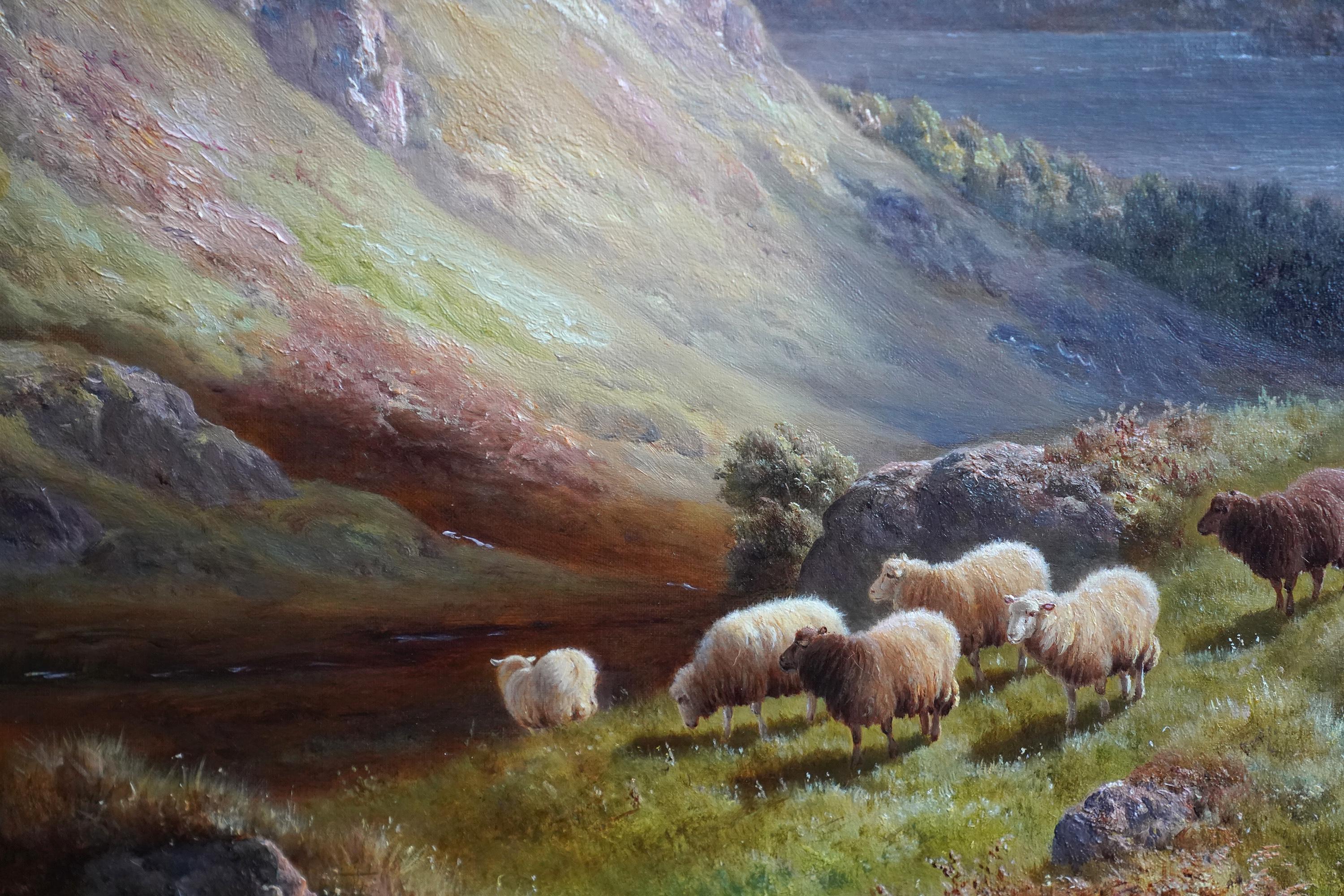 This lovely British Victorian landscape oil painting is by artist William M Davies. It was painted in 1898 and the location is Derwent water at Borrowdale, in Cumberland in the Lake District. In the foreground are a number of sheep and beyond them