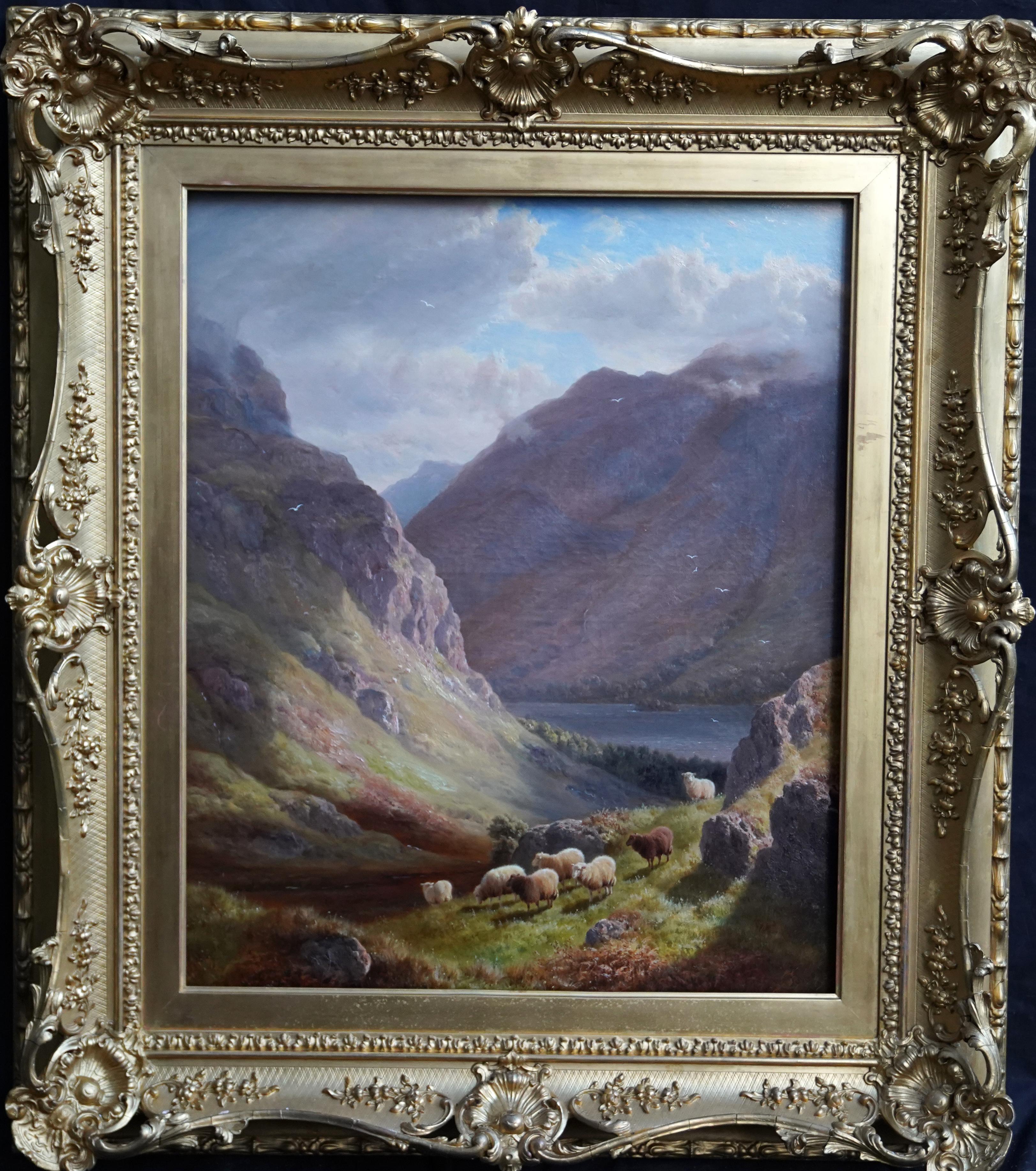 William Davies Animal Painting - Derwent Water Lake District Landscape - British Victorian art oil painting