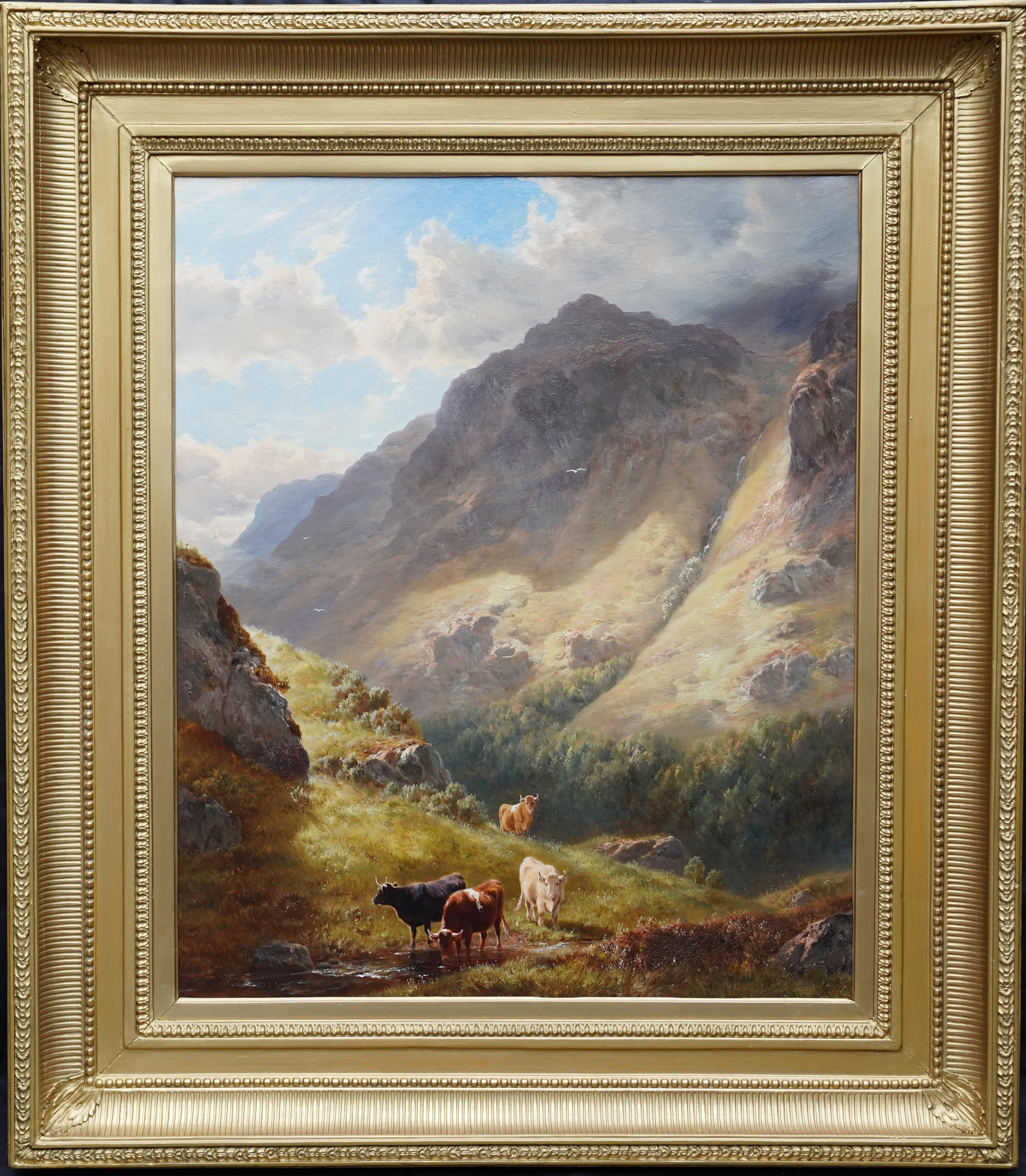 Animal Painting William Davies - Paysage de Gate Crag Borrowdale - Peinture à l'huile britannique du 19e siècle du Lake District
