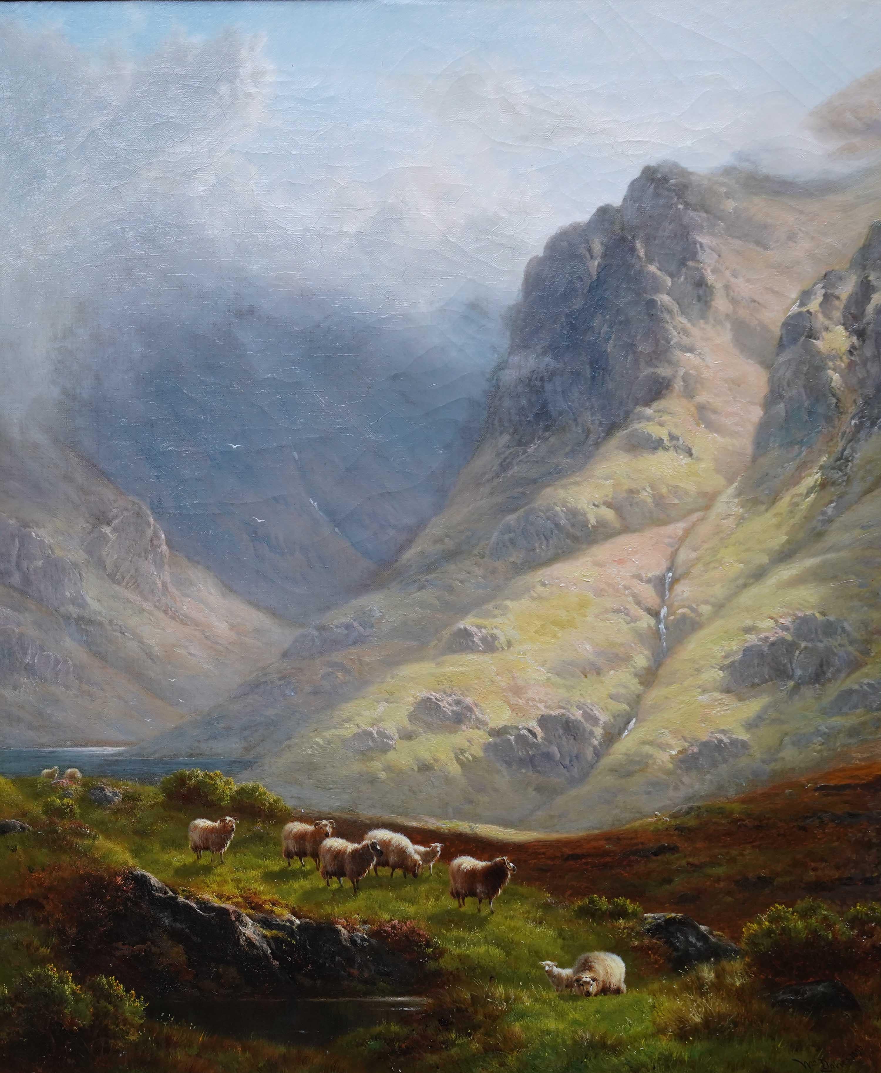 Ovejas en paisaje Loch Restil Glen Croe 1895 - Óleo victoriano británico - Painting de William Davies