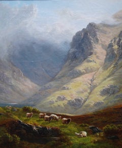 Peinture à l'huile victorienne britannique Glen Croe 1895 - Moutons dans un paysage Loch Restil