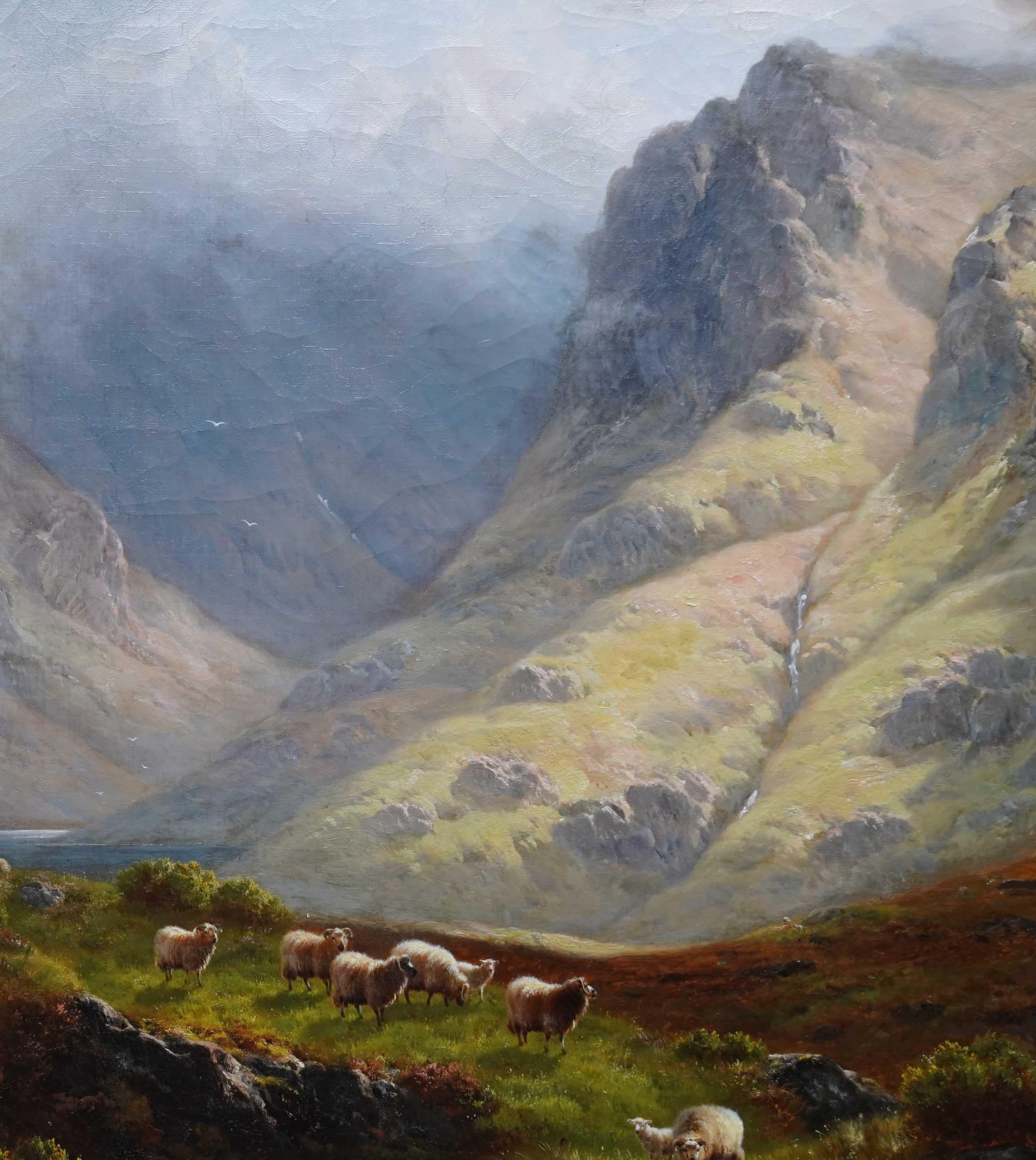 Ovejas en paisaje Loch Restil Glen Croe 1895 - Óleo victoriano británico - Painting Victoriano de William Davies