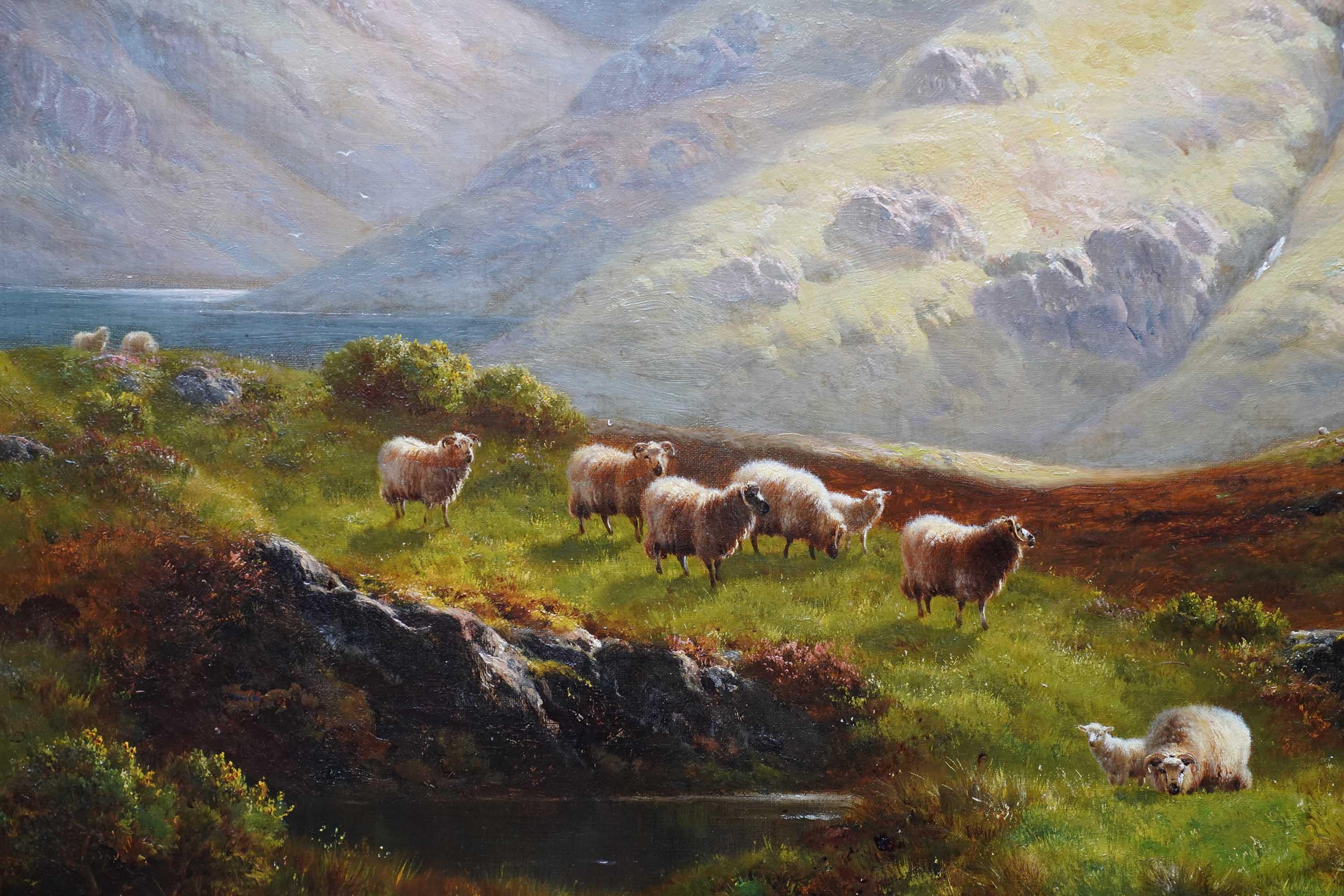 Ovejas en paisaje Loch Restil Glen Croe 1895 - Óleo victoriano británico - Animal Painting Gris de William Davies