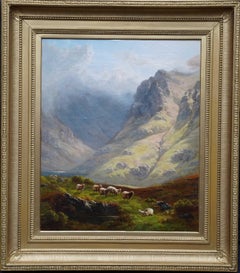 Peinture à l'huile victorienne britannique Glen Croe 1895 - Moutons dans un paysage Loch Restil