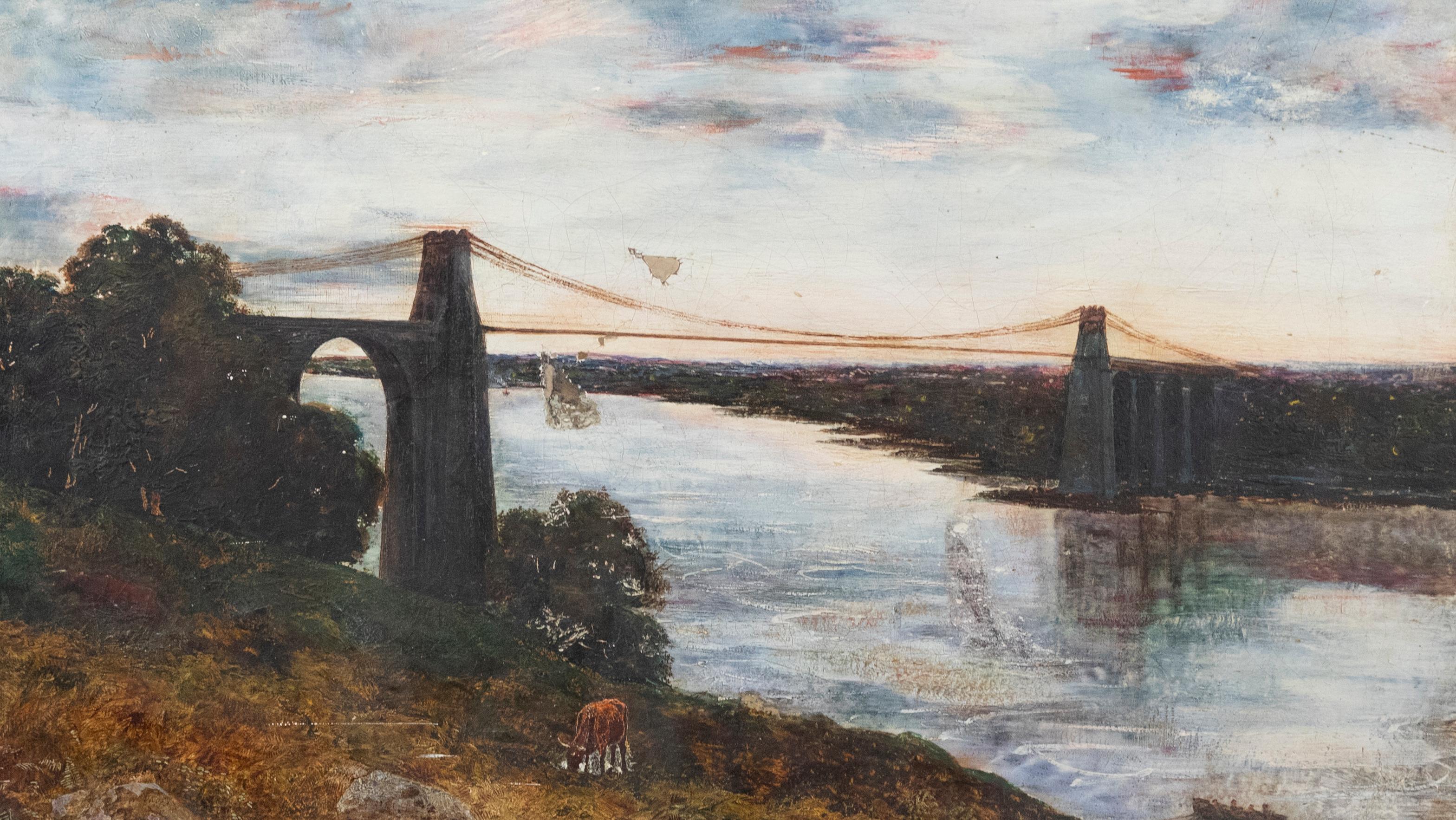 A delightful study of Menai Bridge in Anglesey, North Wales for restoration. The scene shows the iron suspension bridge in the idyllic North Wales landscape with a cow grazing in the foreground. Title, artist name and date inscribed to label verso.