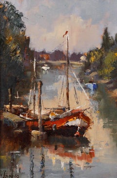 William Davies (né en 1928) - Huile contemporaine encadrée, Péniche hollandaise à Richmond