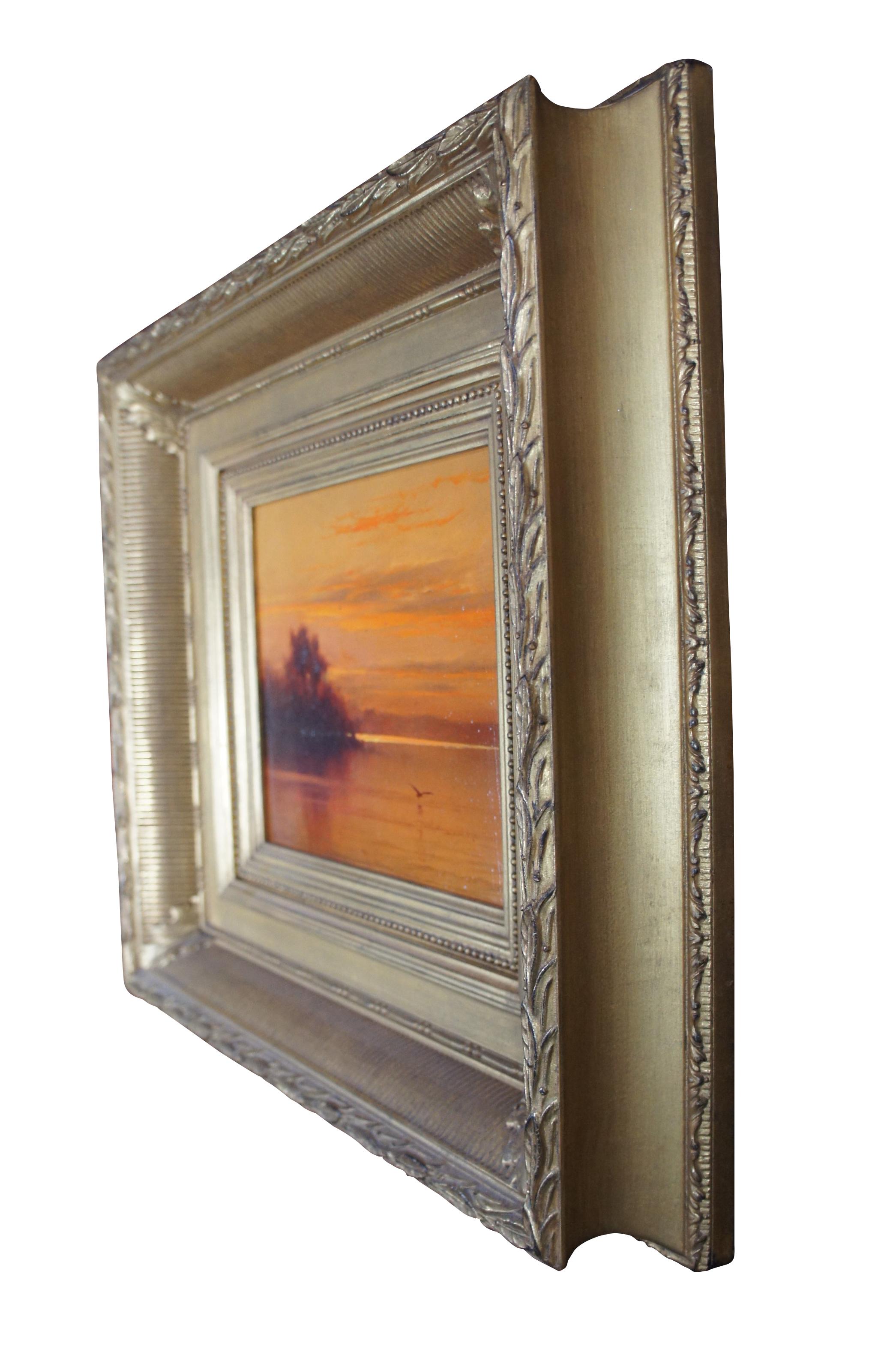 Vintage William R Davis oil painting on board featuring a landscape / seascape with a bird, trees and a view of the Indian River at sunset. Signed lower left and on verso. Purchased in 2007 at the Vero Beach Meghan Candler Gallery, 